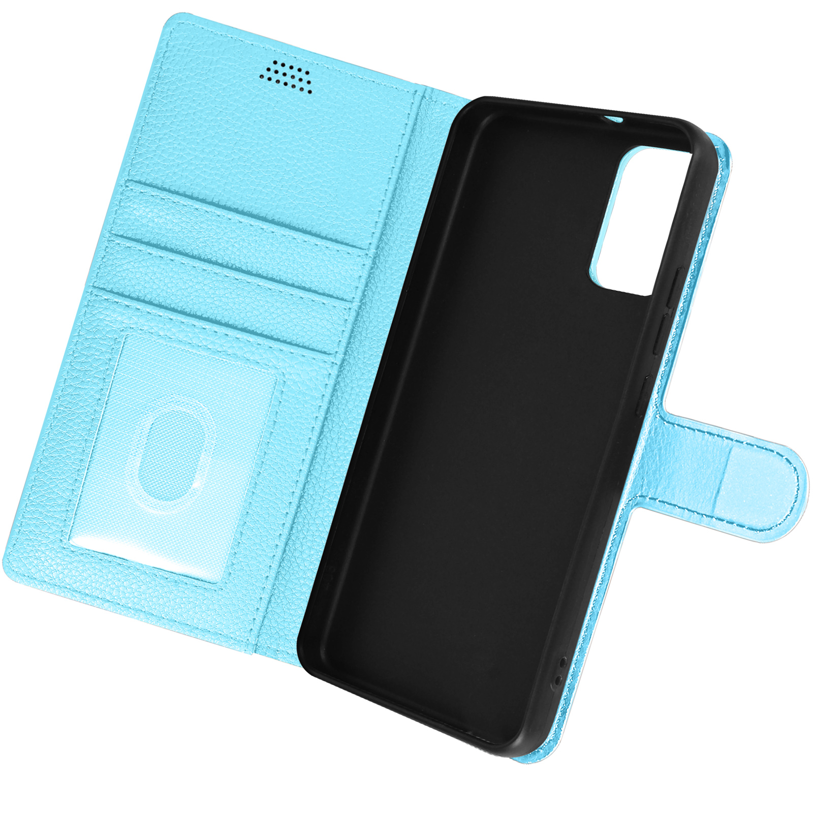 Custodia a portafoglio per telefono azzurra, aperta. All'interno sono presenti un supporto nero per telefono, uno scomparto per carte e una finestra trasparente per documenti.