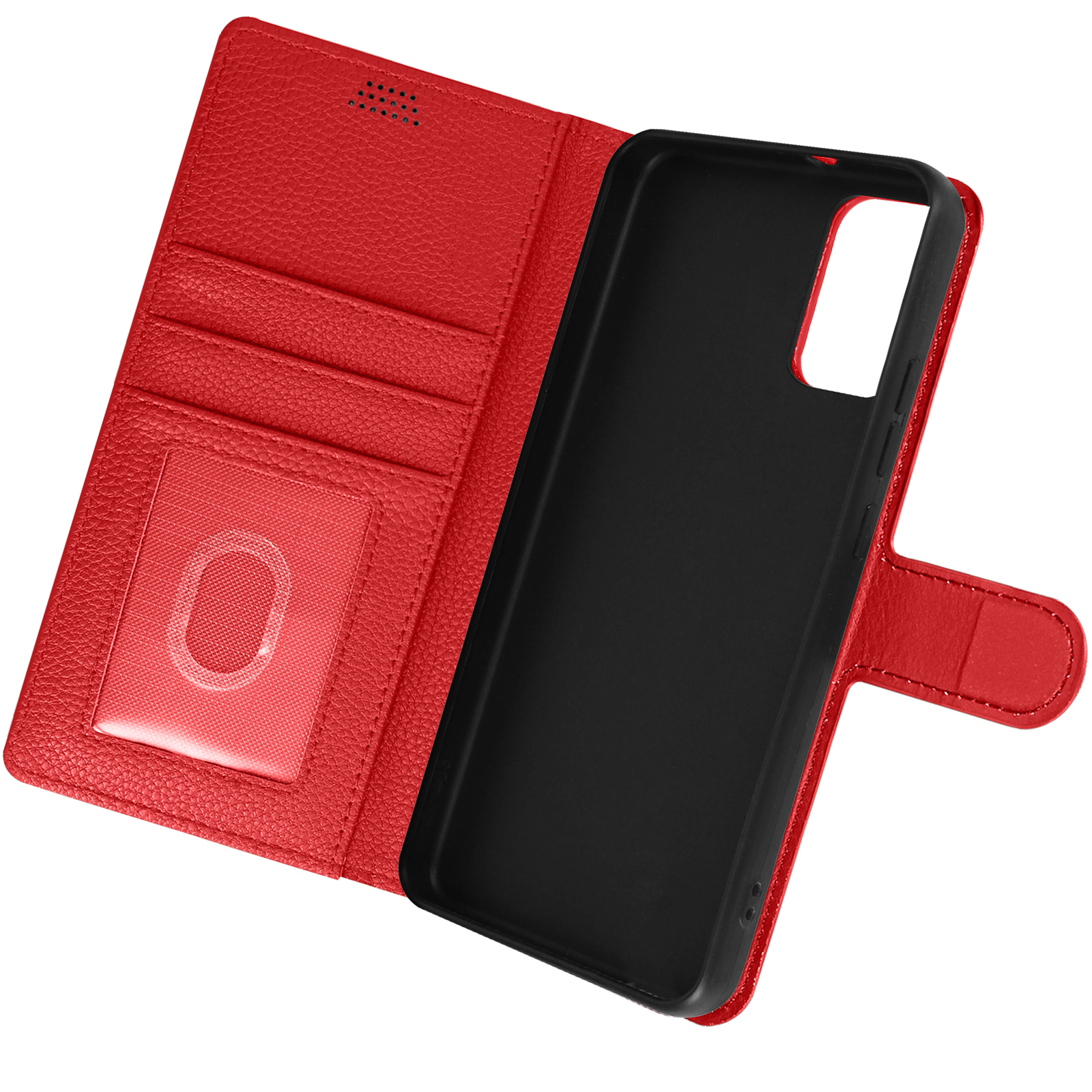 Custodia per telefono rossa, aperta, che mostra fessure per carte e supporto per telefono.