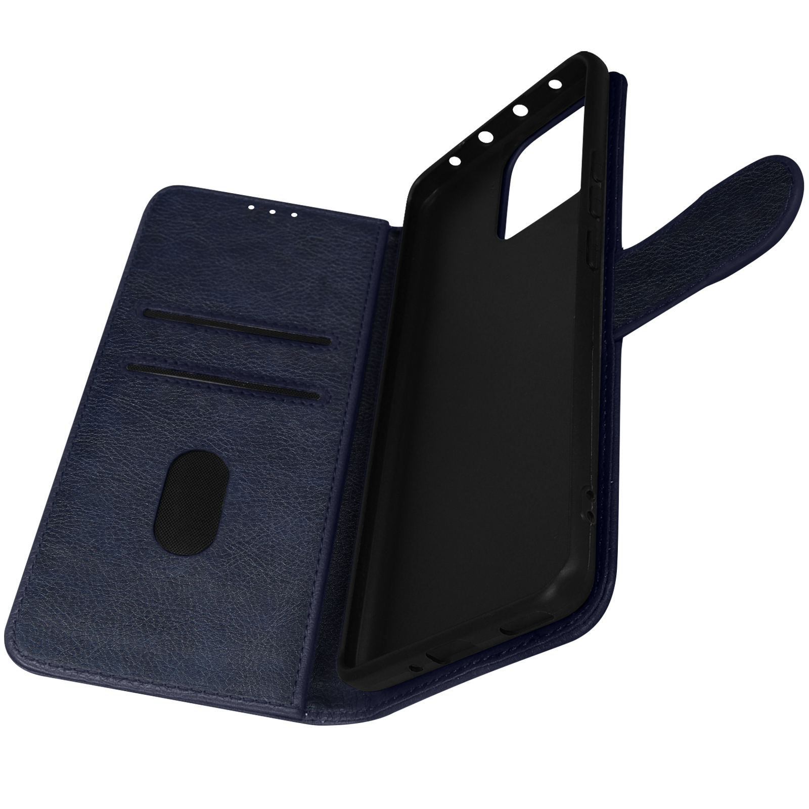 Étui de téléphone en cuir bleu ouvert avec des fentes pour cartes.