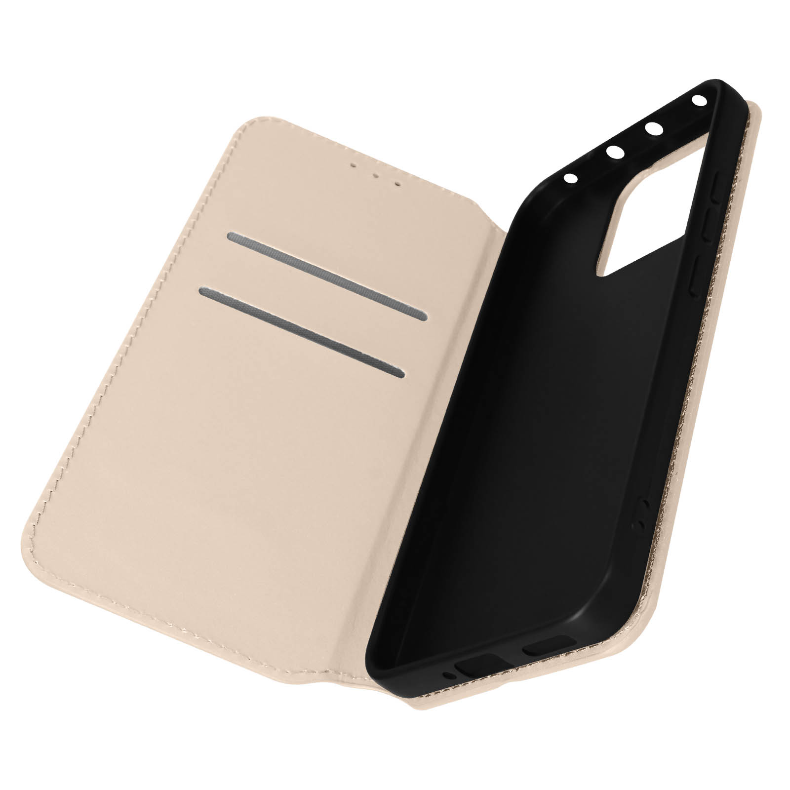 Offene beige Handyhülle mit Kartenfächern. Schwarze Telefoninnenseite sichtbar. Weißer Hintergrund.