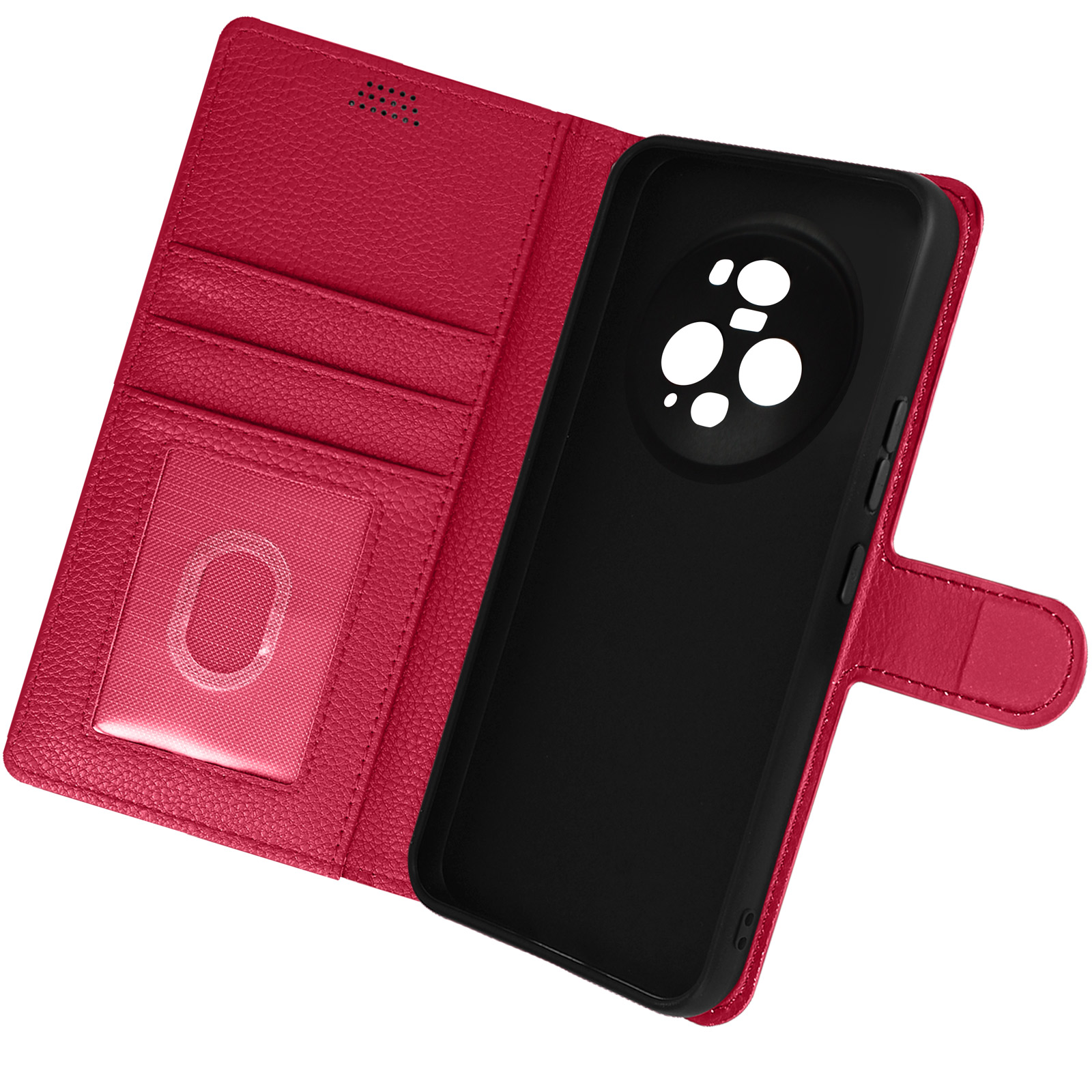 Rote Leder-Handyhülle, offen, mit Kartenfächern und Telefonhalterung. Das Telefon ist nicht in der Hülle.