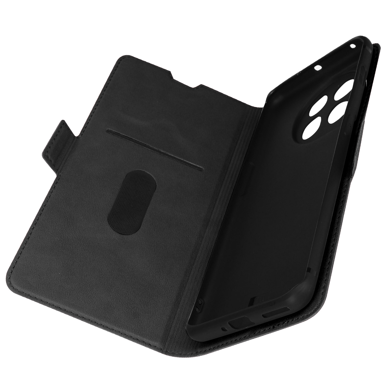 Schwarze Leder-Handyhülle, offen, mit Handyhalterung und Kartenfach.