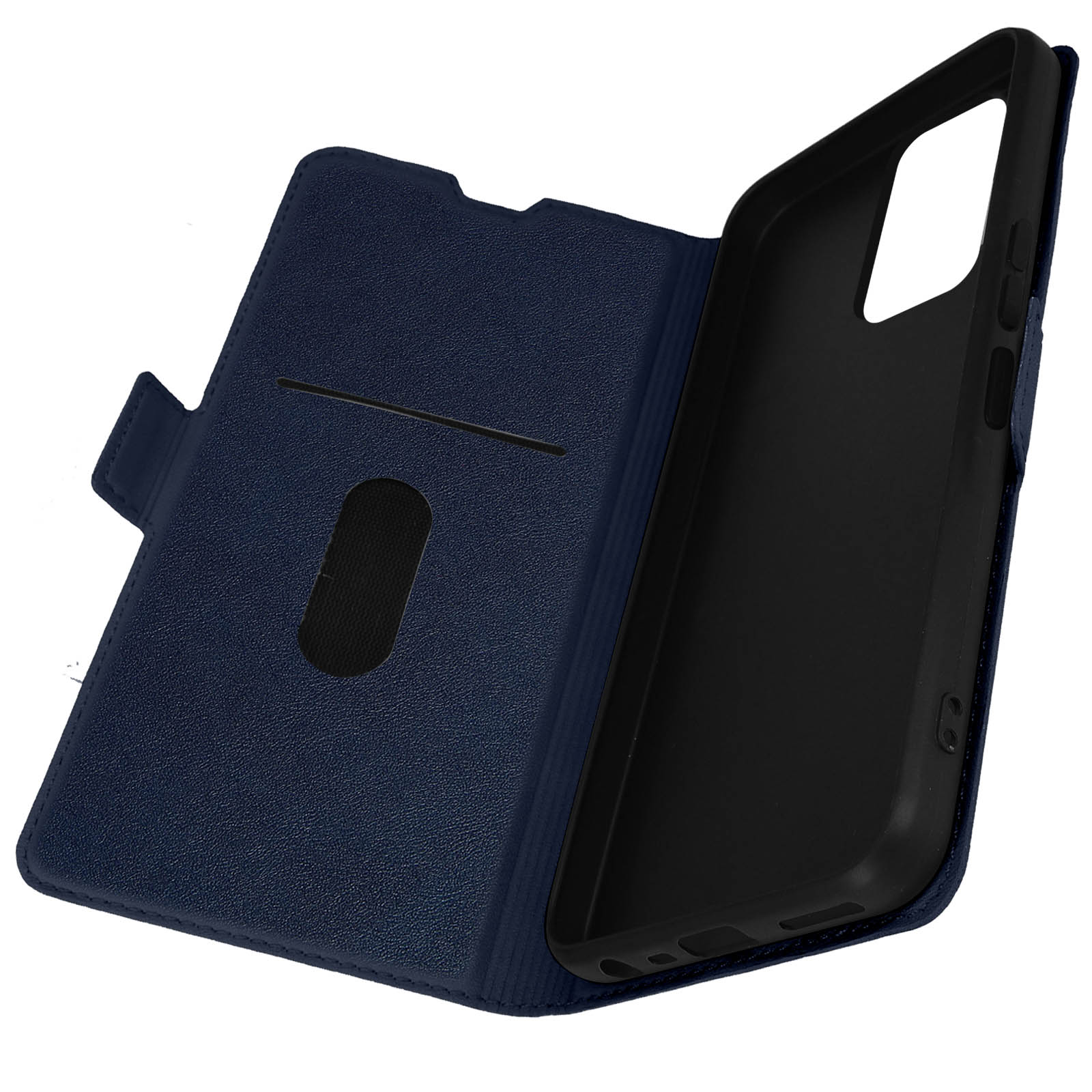 Custodia blu navy aperta, che mostra l'interno e lo slot per schede.