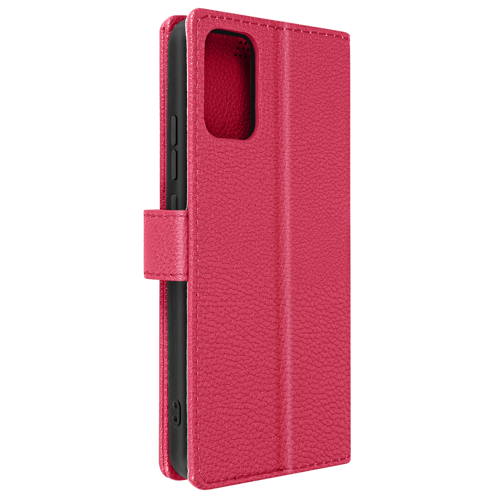 Custodia rosa con telefono. La custodia ha una chiusura.