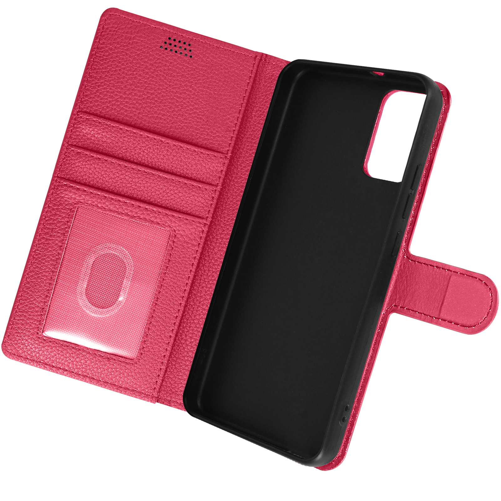 Custodia per telefono rosa aperta. Ha uno slot per una carta e un telefono all'interno. La custodia è in pelle.