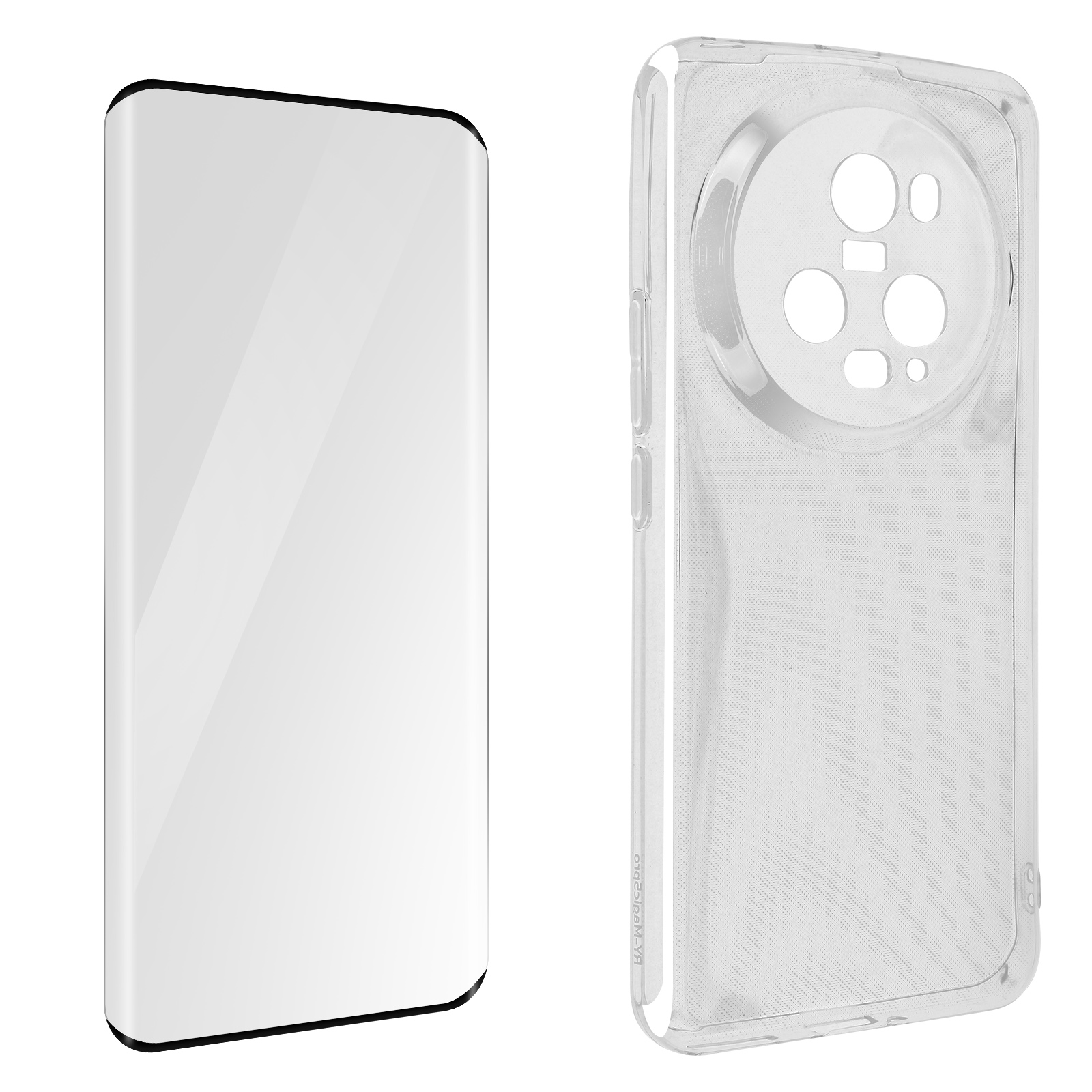 Two clear phone screen protectors and a clear phone case. The case has a camera cutout.