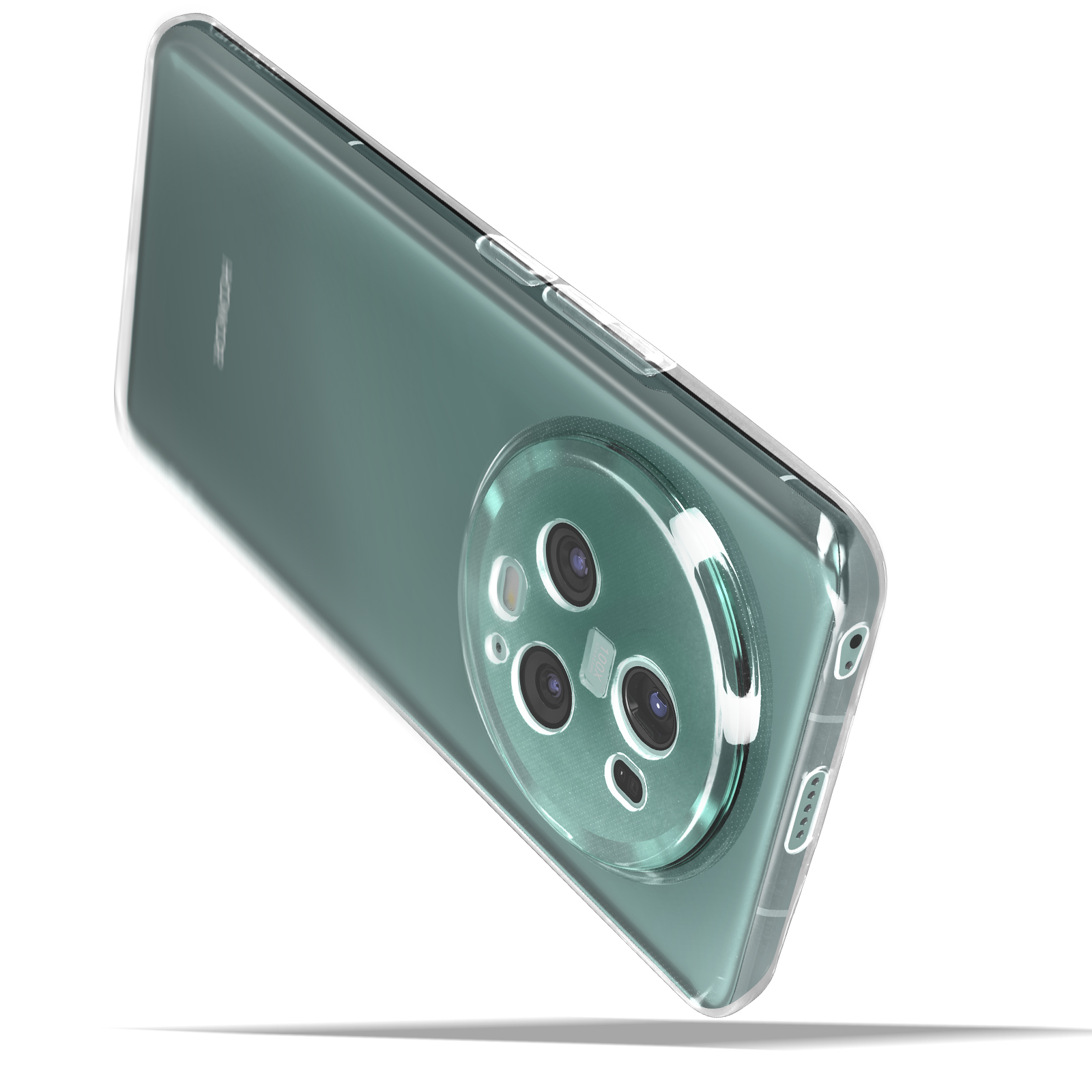 A clear phone case angled, showing the back of a phone with a camera. It's transparent, and has a visible camera.