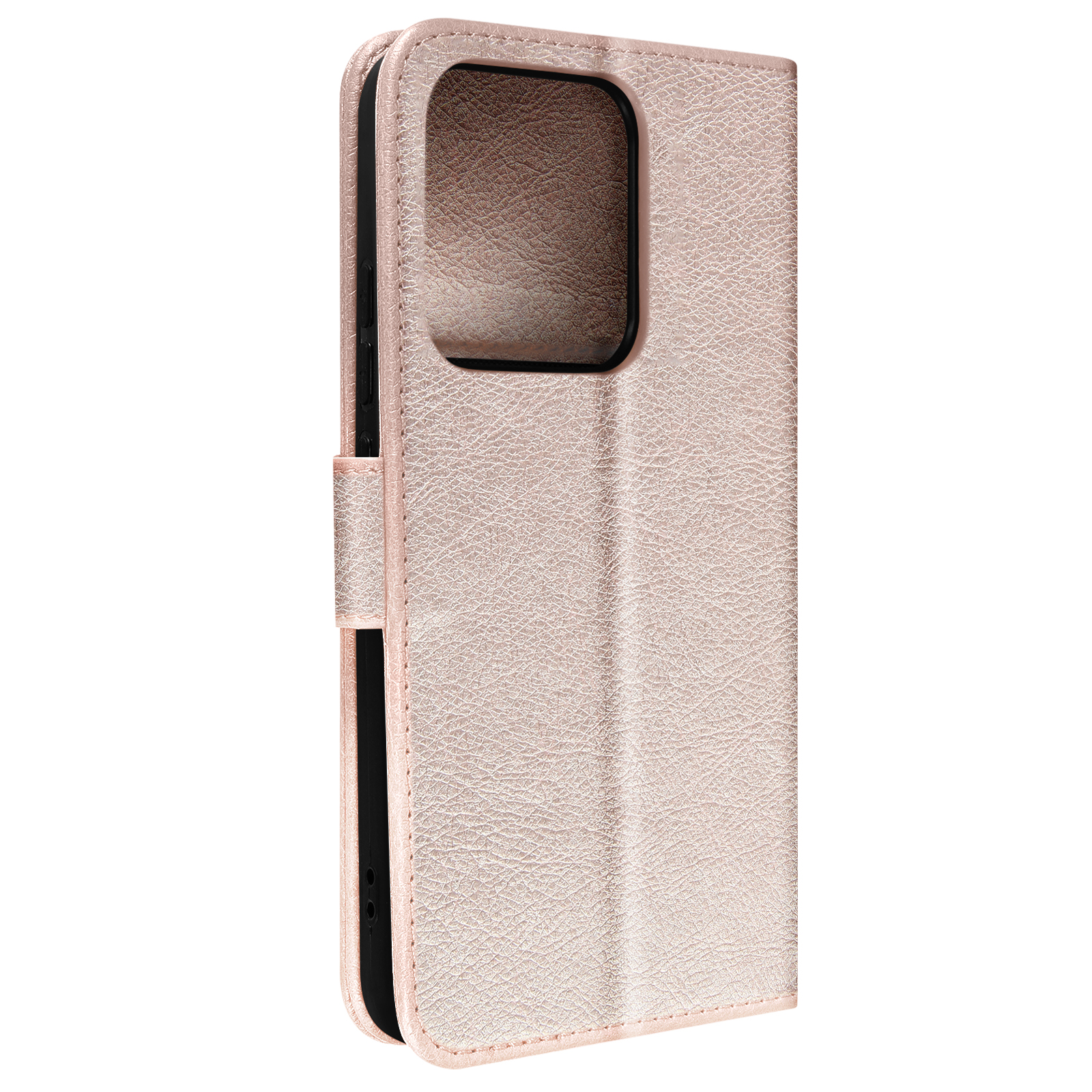 Étui de téléphone rose doré, fermé. Il a une fermeture magnétique et une découpe pour l'appareil photo.