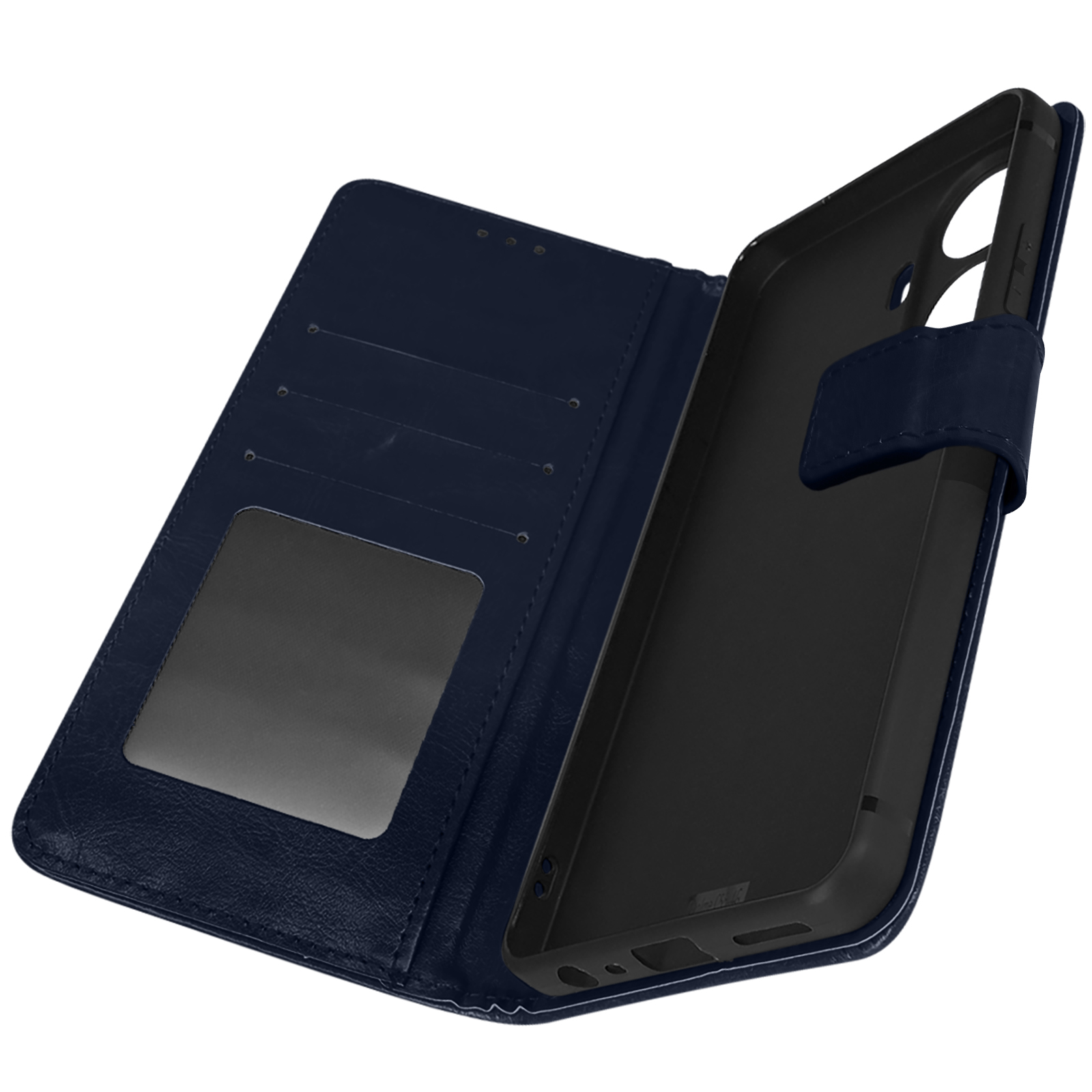 Blaue Leder-Handyhülle, offen, mit Telefon und Kartenfächern. Weißer Hintergrund.