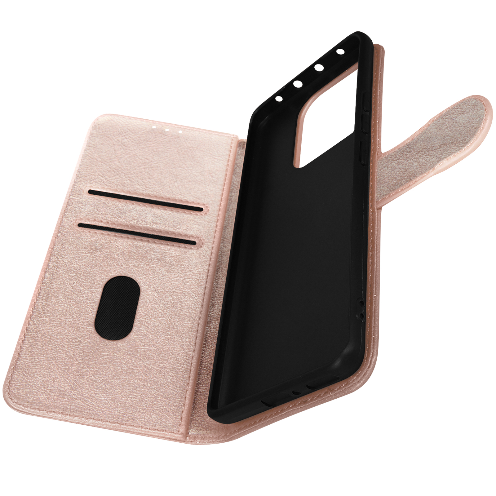 Étui de téléphone en cuir rose, ouvert montrant l'intérieur noir et les fentes pour cartes.