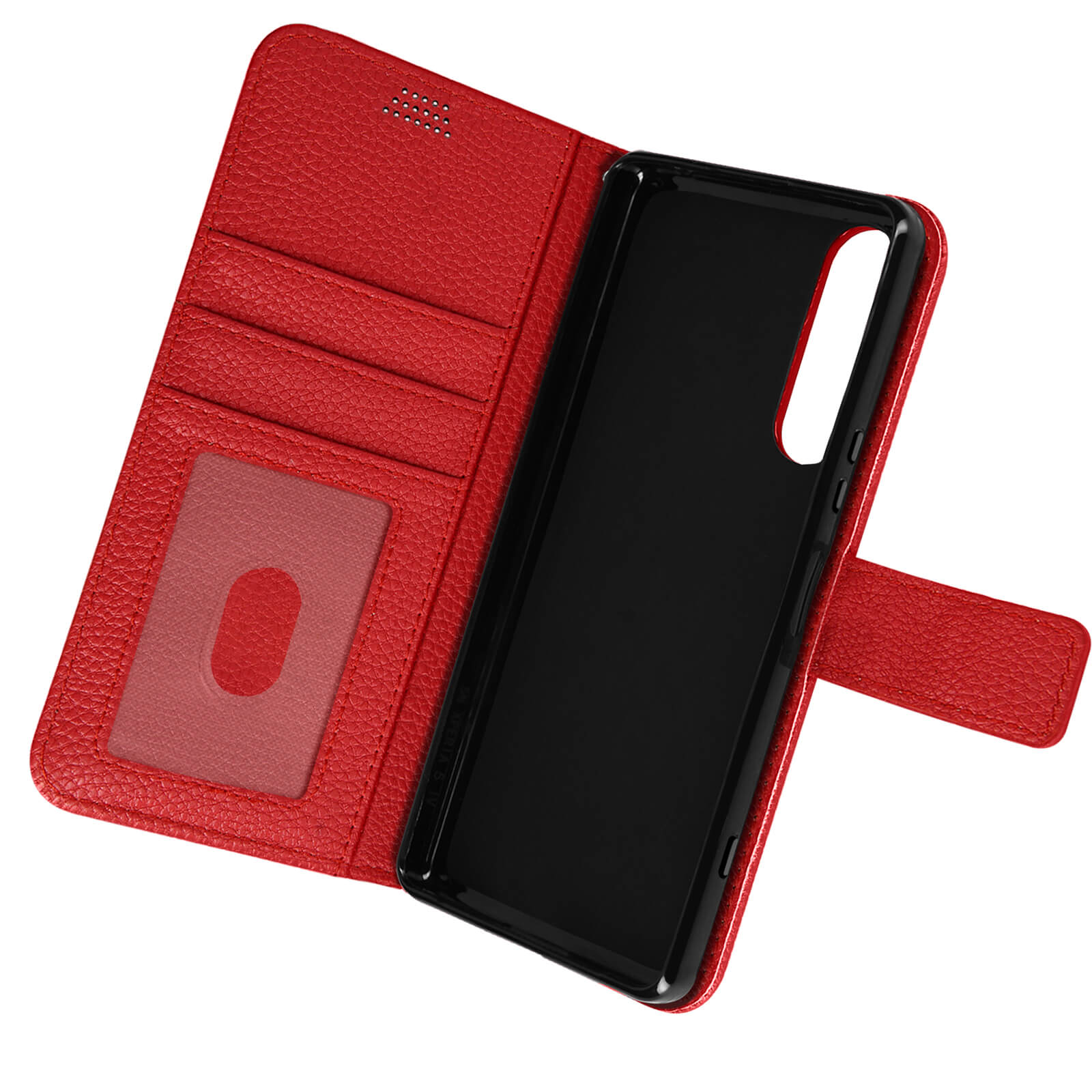 Funda de teléfono de cuero rojo abierta. Interior negro con ranuras para tarjetas.