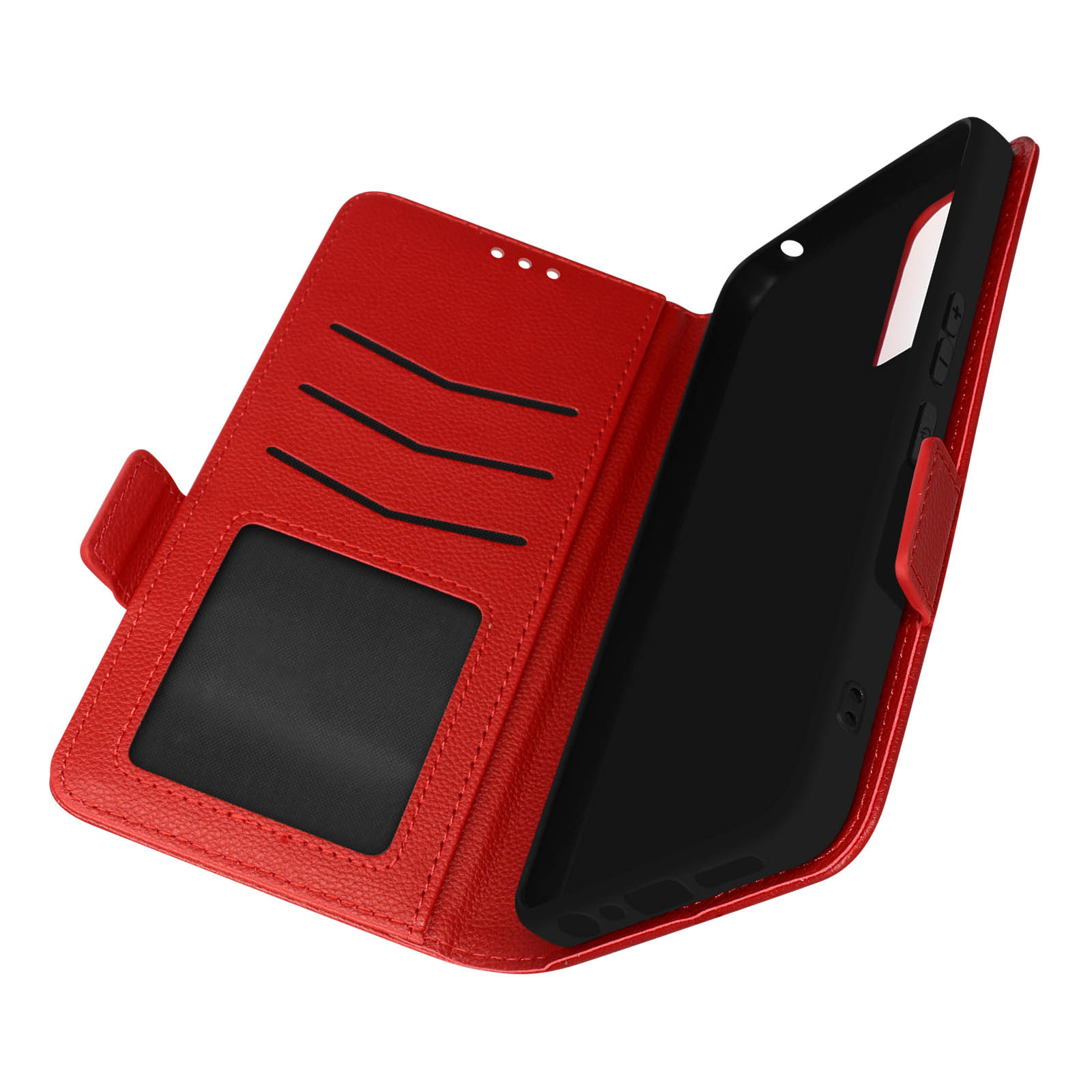 Custodia per telefono rossa aperta con scomparti per carte e un telefono nero all'interno.