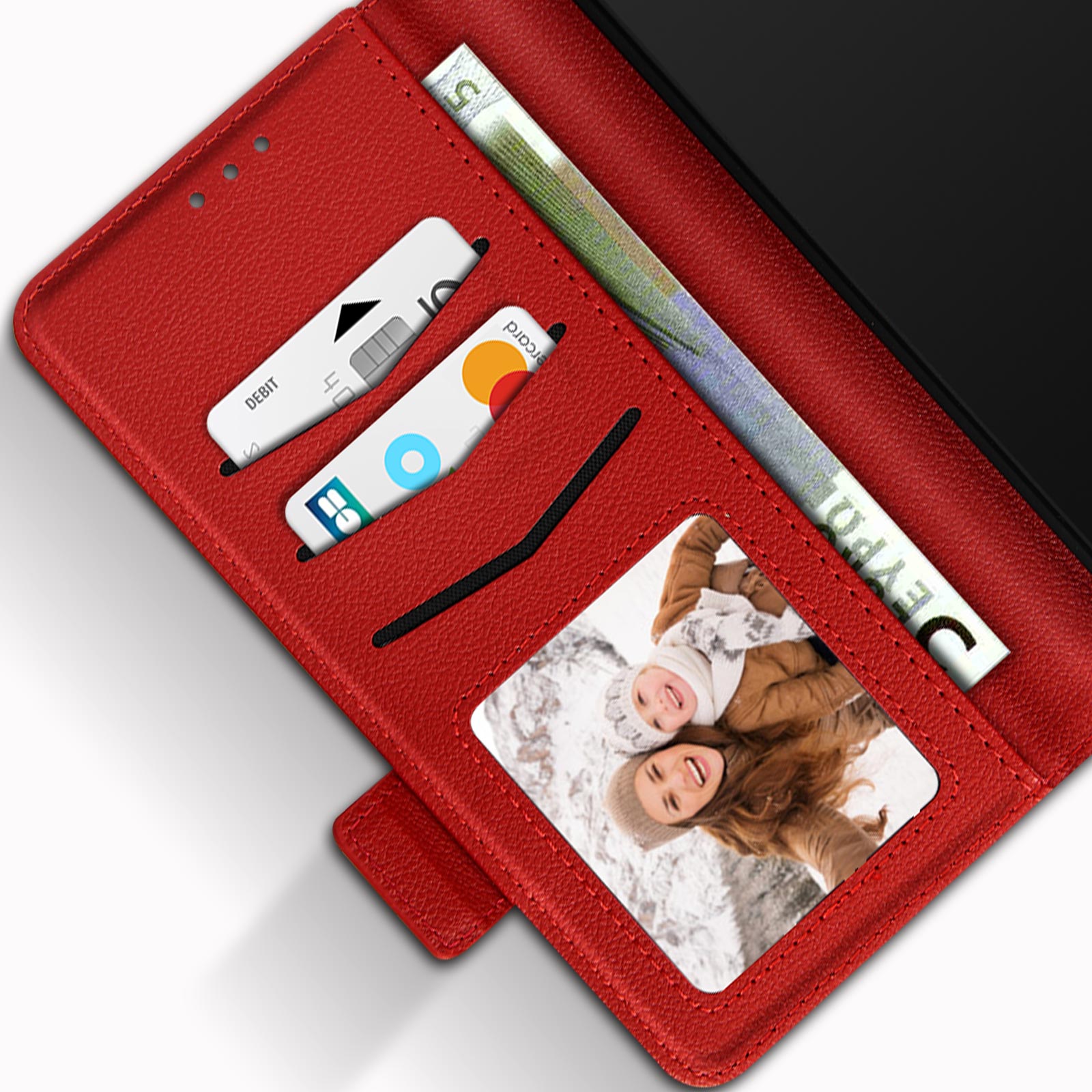 Custodia per telefono rossa aperta, mostrando carte, foto e un telefono all'interno.