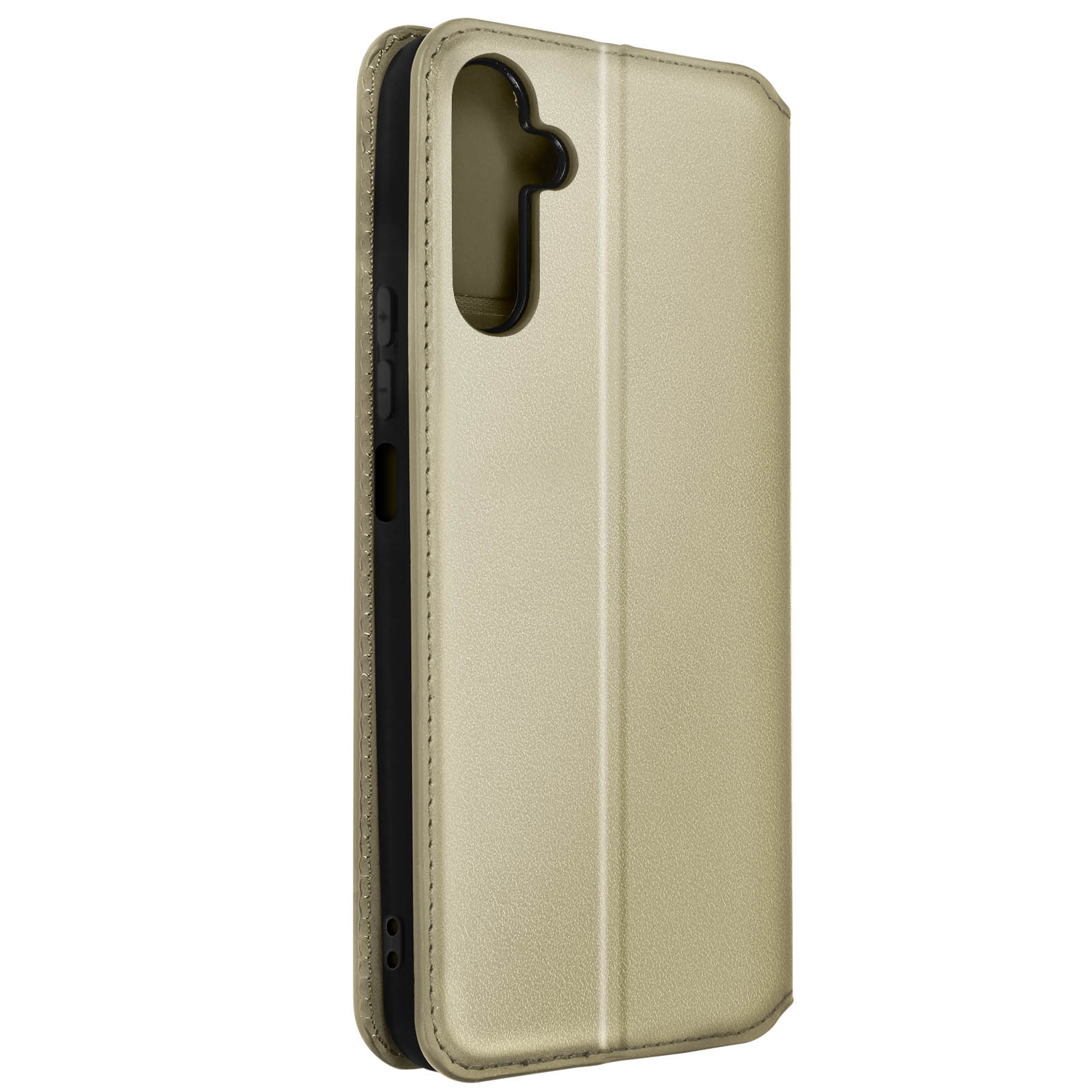 Gouden telefoonhoes gesloten. De telefoon is verborgen. De hoes heeft witte stiksels.