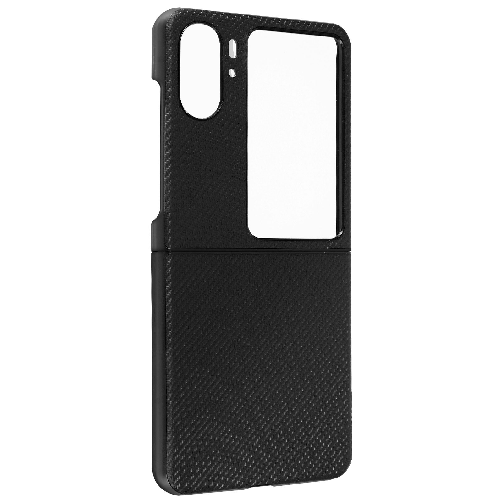 Schwarze Handyhülle mit Carbonfaser-Textur, offen für Kamera und Bildschirm.