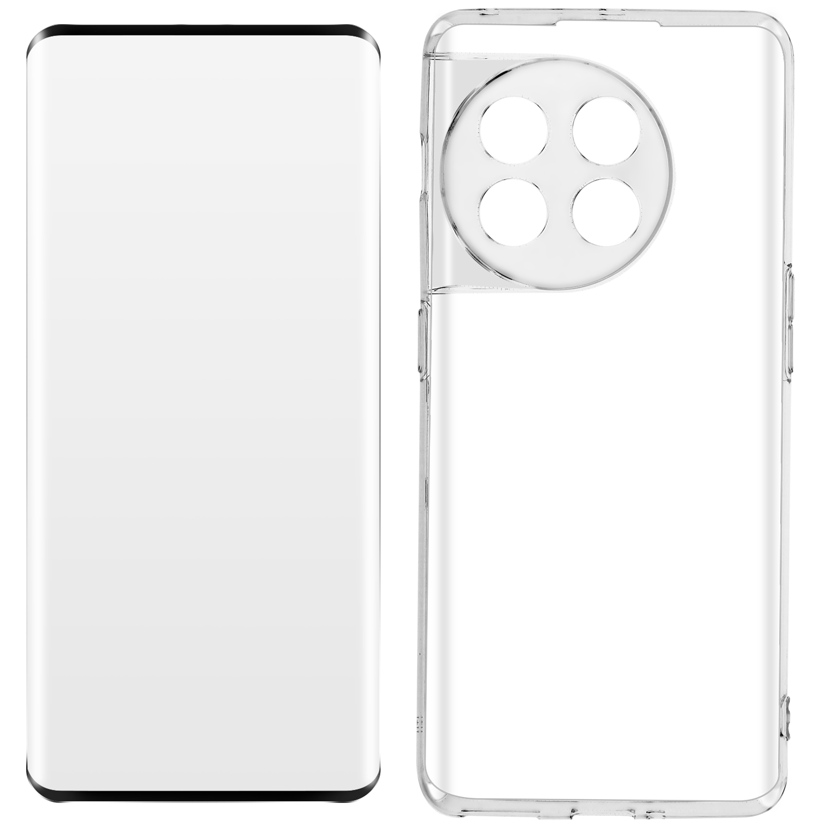 Twee accessoires: een schermbeschermer en een telefoonhoesje. Beide zijn transparant.