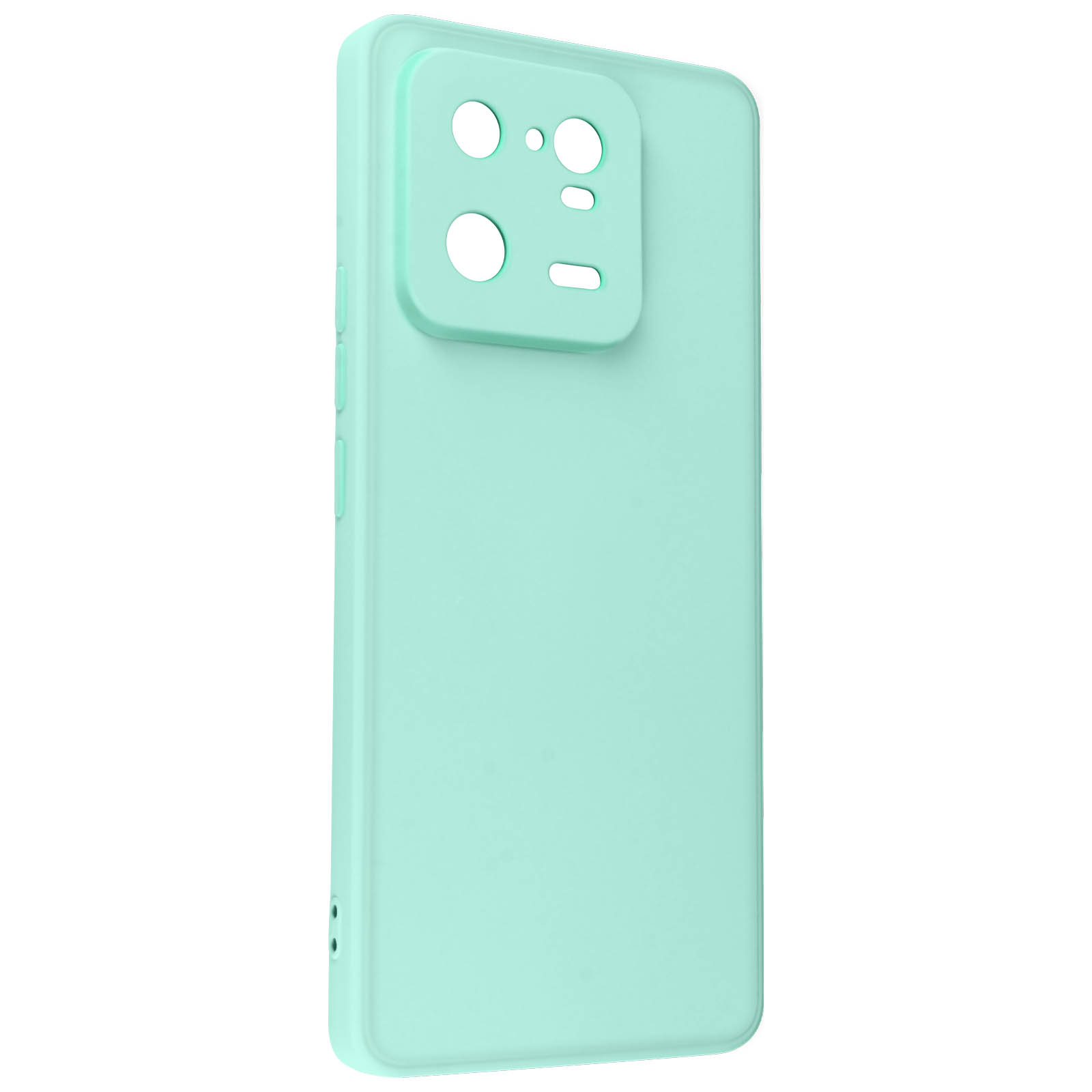 Custodia per telefono verde menta con ritagli per fotocamera. Isolato su sfondo bianco.