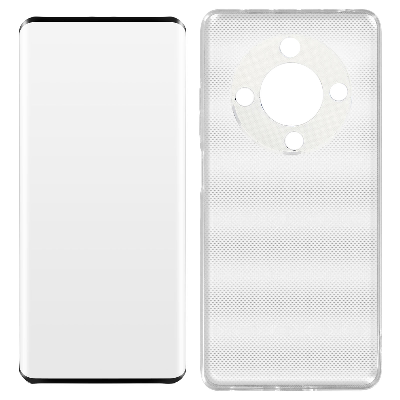 Weißes Smartphone und transparente Hülle. Die Hülle hat einen Kameraausschnitt.
