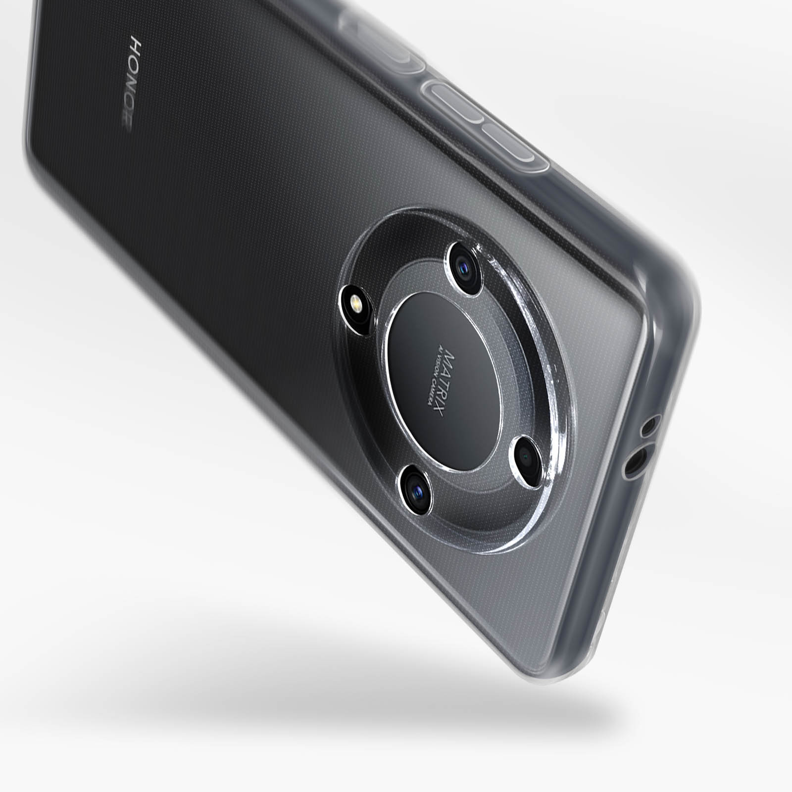 Schwarzes Telefon mit transparenter Hülle, Kameralinsen und grauen Akzenten, schräge Ansicht, weißer Hintergrund.
