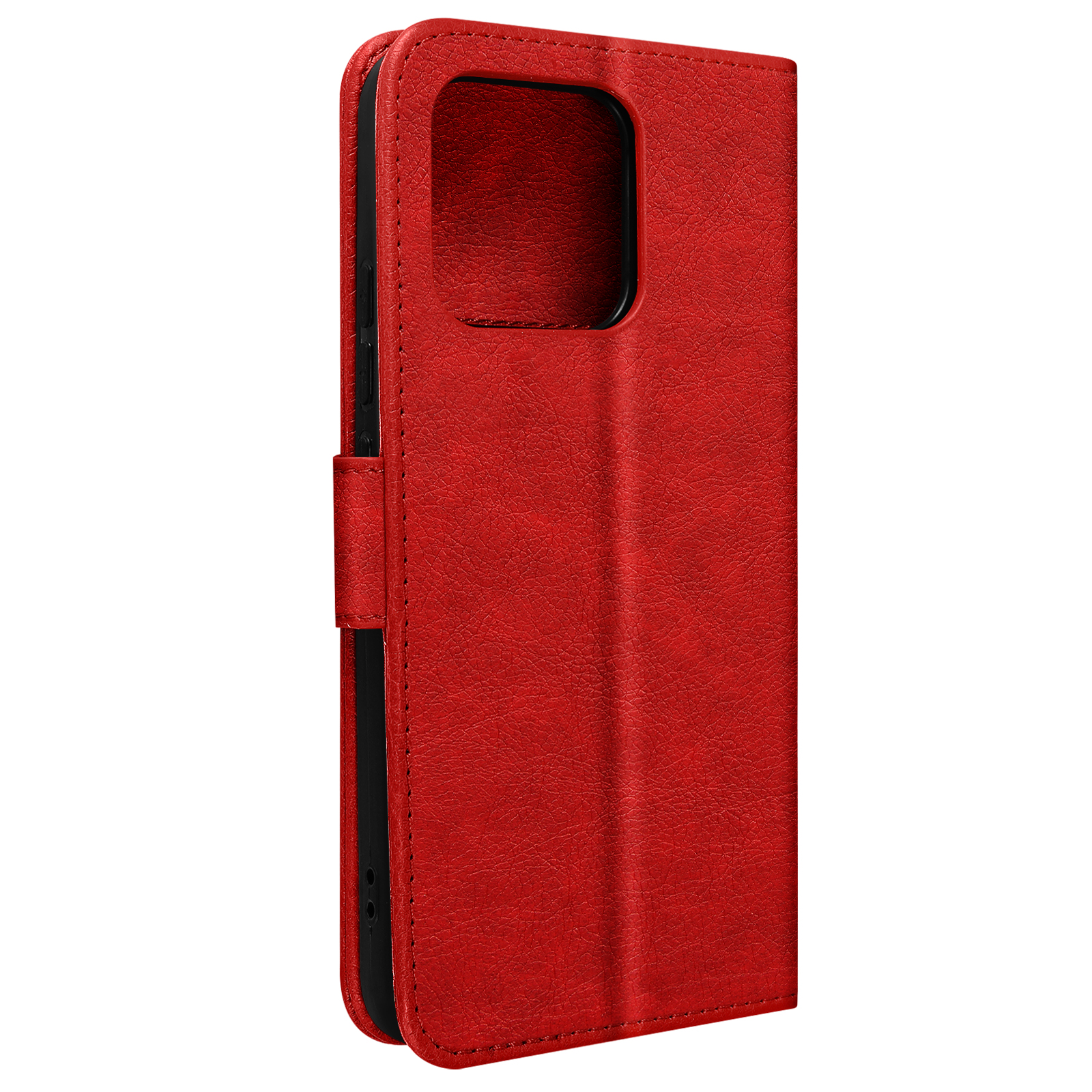 Étui de téléphone rouge, fermé. Montre l'arrière et le côté du téléphone.