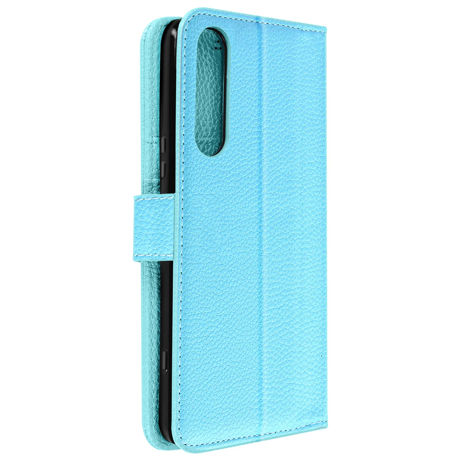 Funda de teléfono azul claro abierta, mostrando el interior con un teléfono.