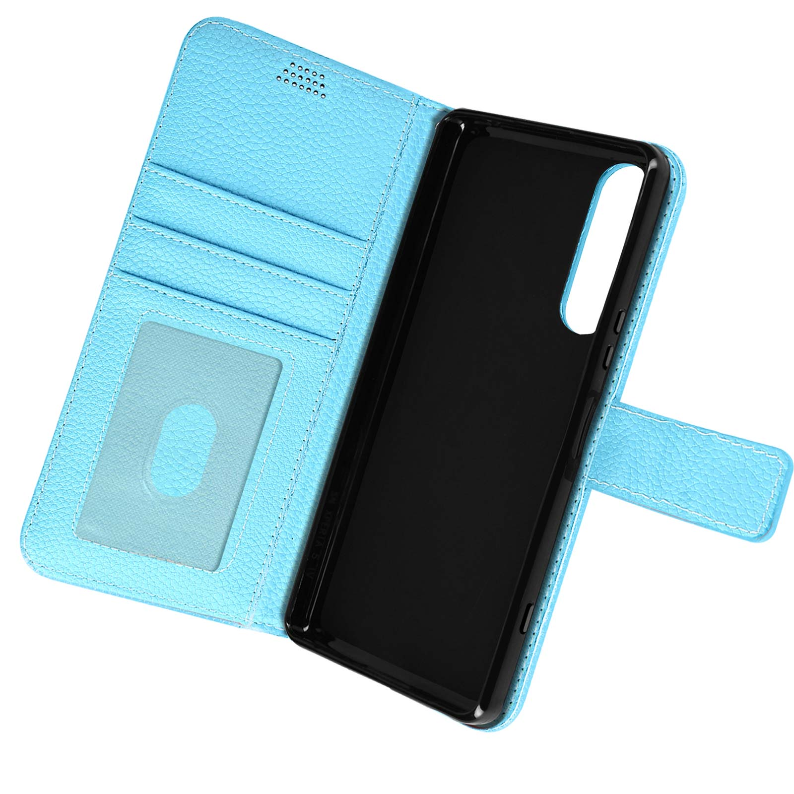 Funda azul claro abierta, mostrando el soporte negro para el teléfono.