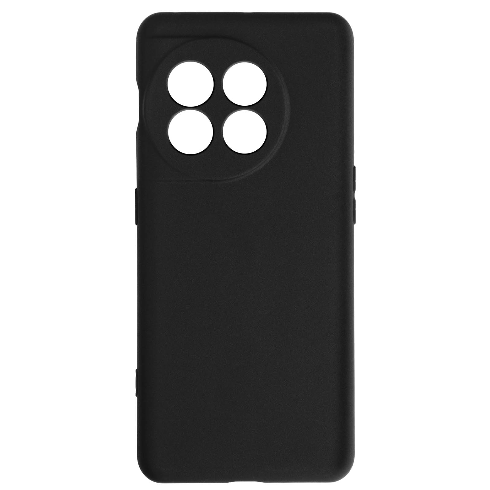 Custodia per telefono nera. La custodia ha un ritaglio circolare. Il design è semplice e nero pieno.