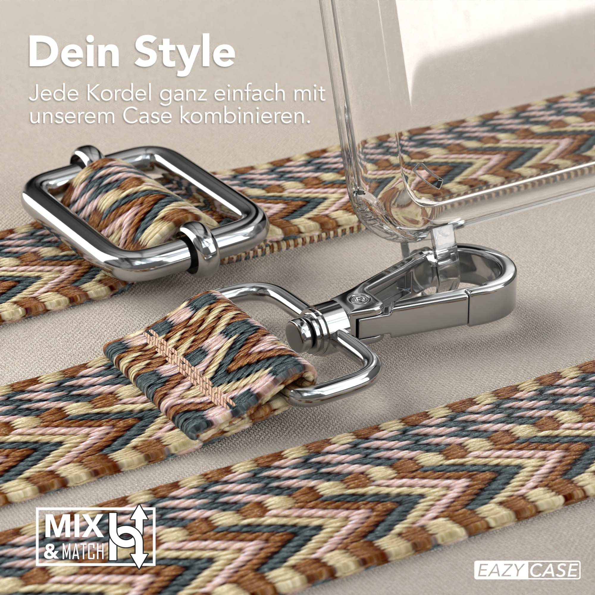 Nahaufnahme eines Armbands mit Metallverschlüssen. Beige- und braun gemustertes Gewebe.