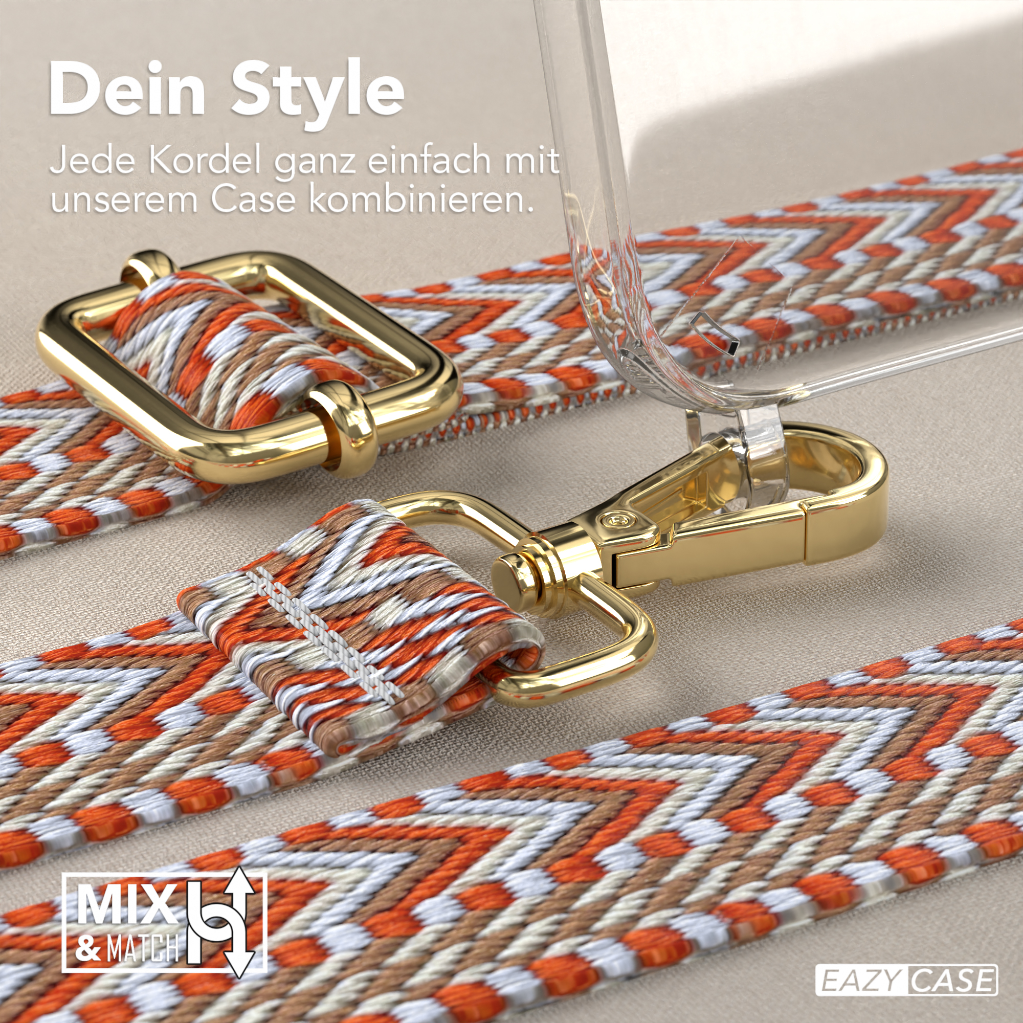 Nahaufnahme des Handyhüllenriemens mit Text: Dein Style. Goldverschluss, orange-braunes Zickzackmuster.