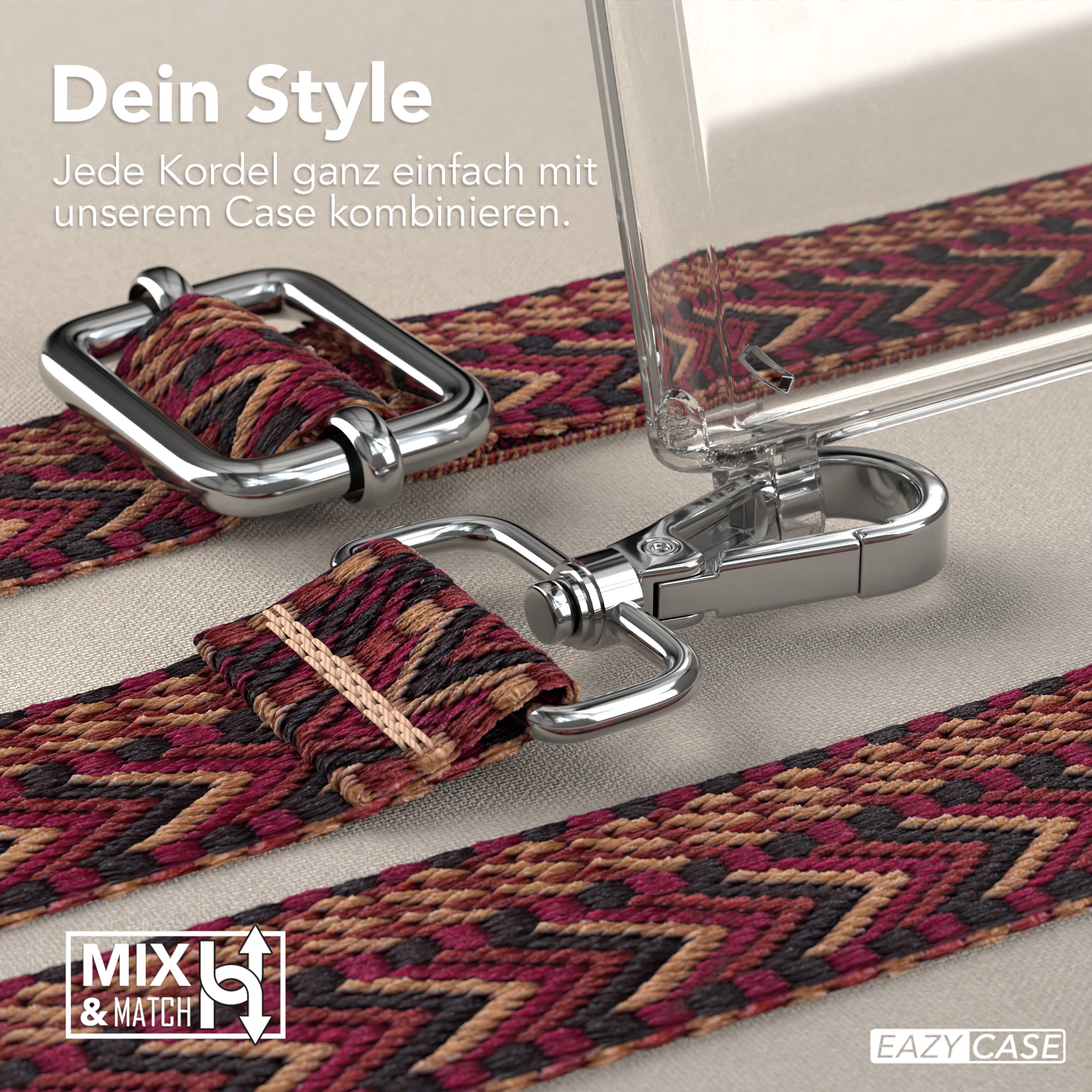Nahaufnahme eines Handyhüllenriemens mit Metallverschluss, braun, weiß und rot.