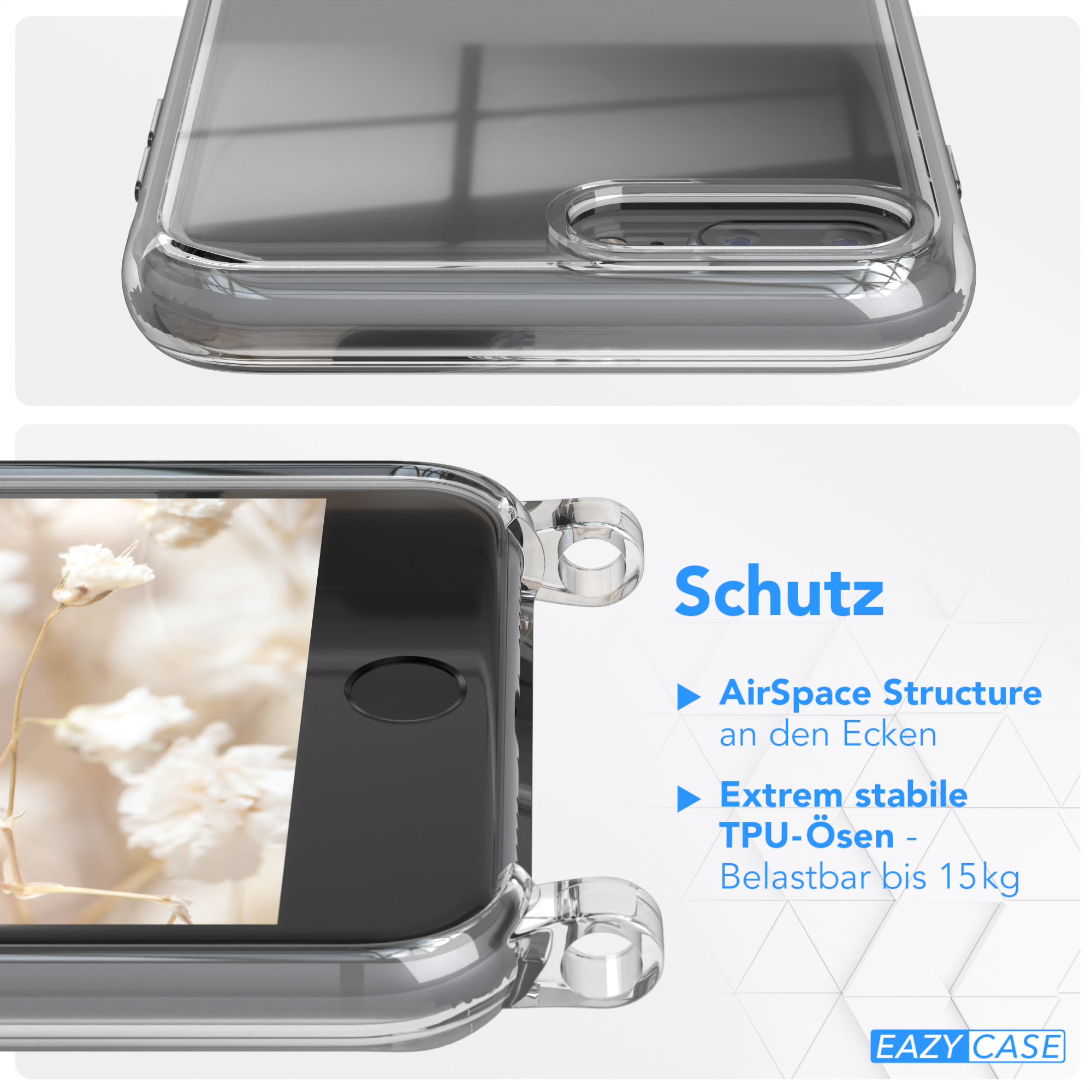 Eine transparente Handyhülle. Die Hülle hat eine AirSpace-Struktur und besteht aus TPU.