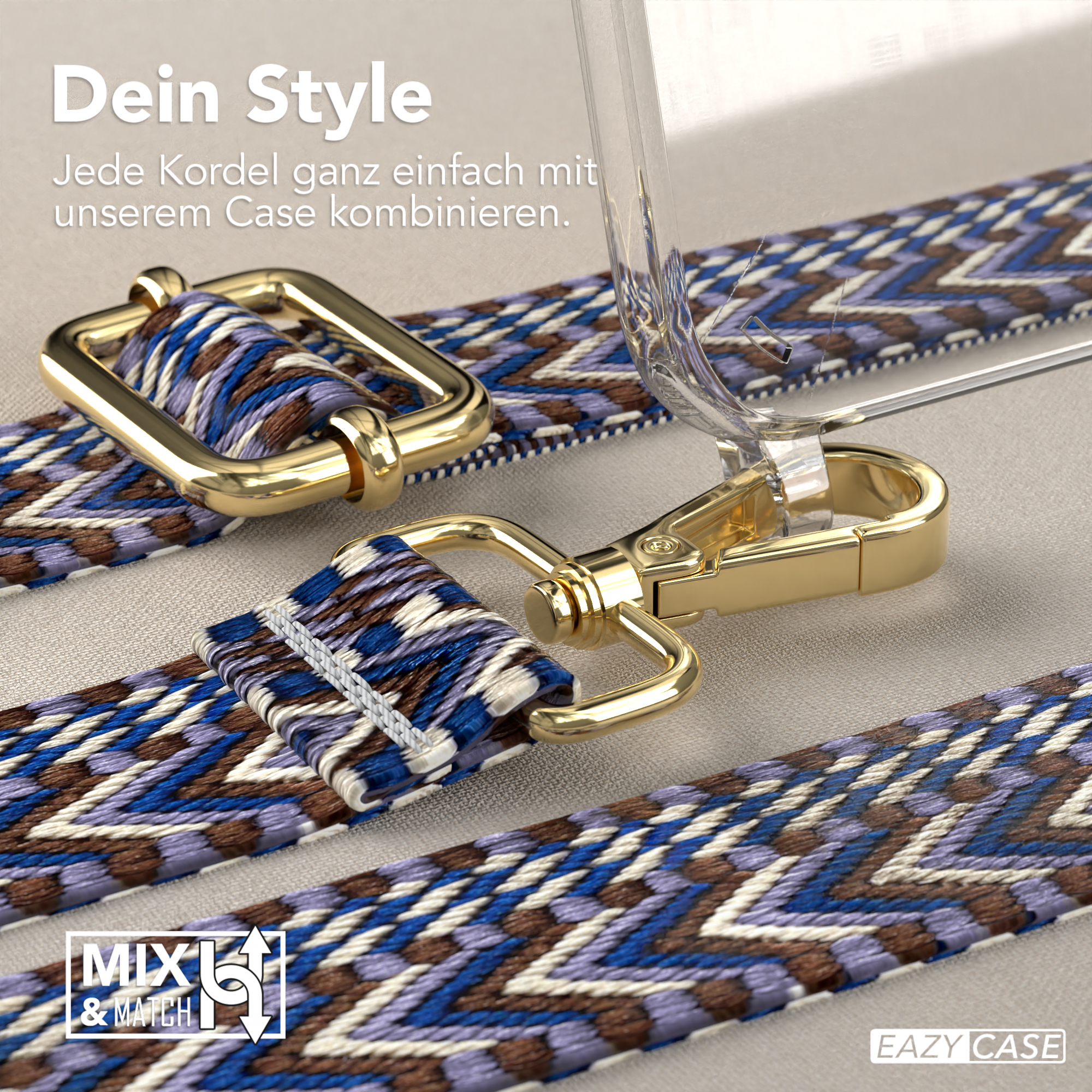 Nahaufnahme von Handyhüllenriemen mit goldener Hardware. Blau-weißes Webmuster. Text: 'Dein Style' und 'Mix & Match'.