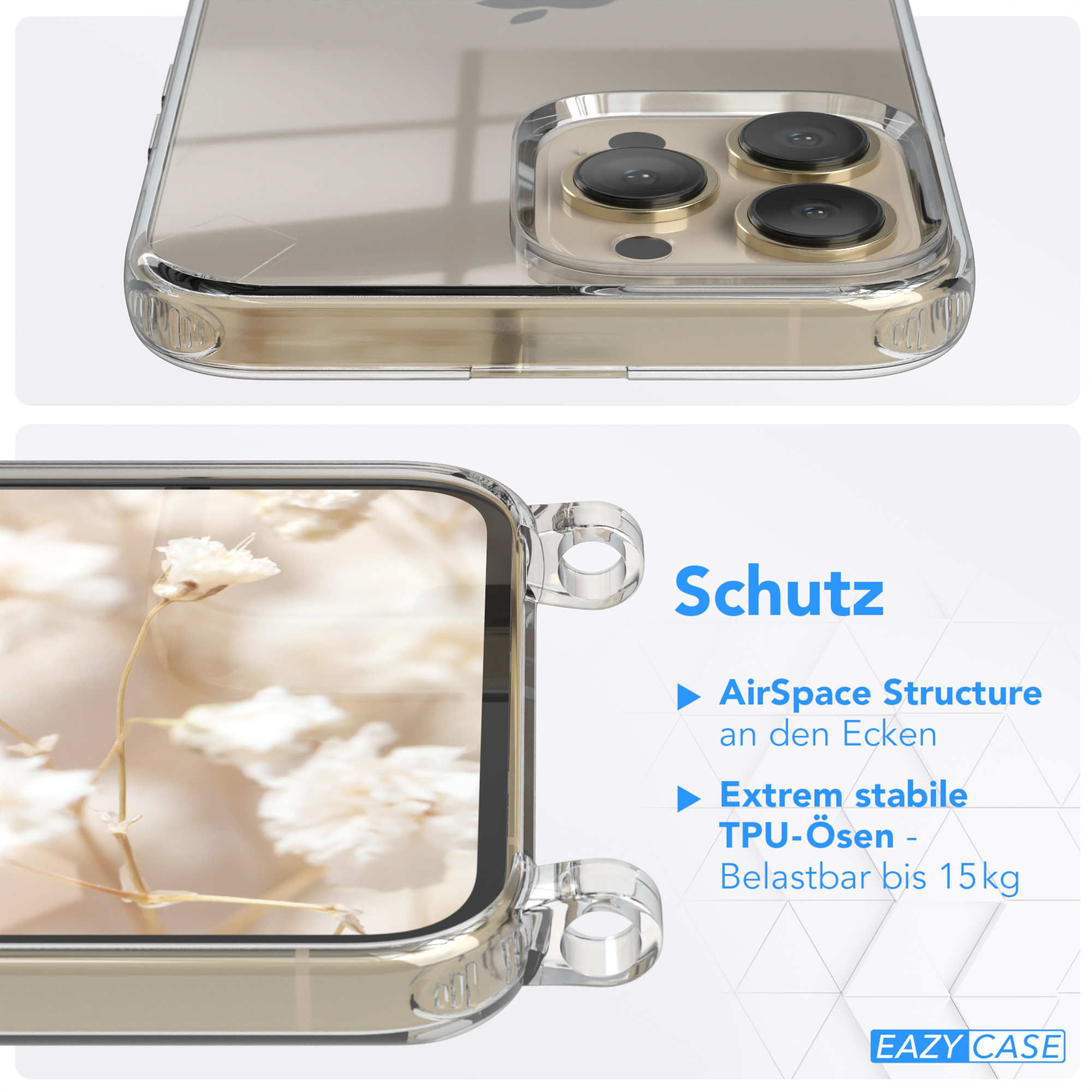 EAZY Pro Kordel Apple, iPhone Handyhülle CASE Transparente Boho 13 Style, mit Umhängetasche, / Max, Weiß Blau