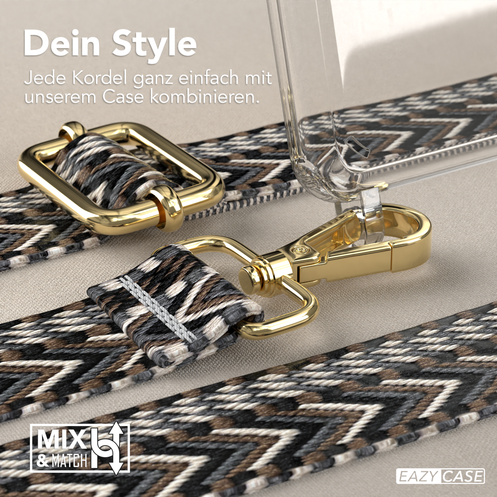 Nahaufnahme eines Riemens und einer Hülle mit Musterdesign, Gold-Hardware.