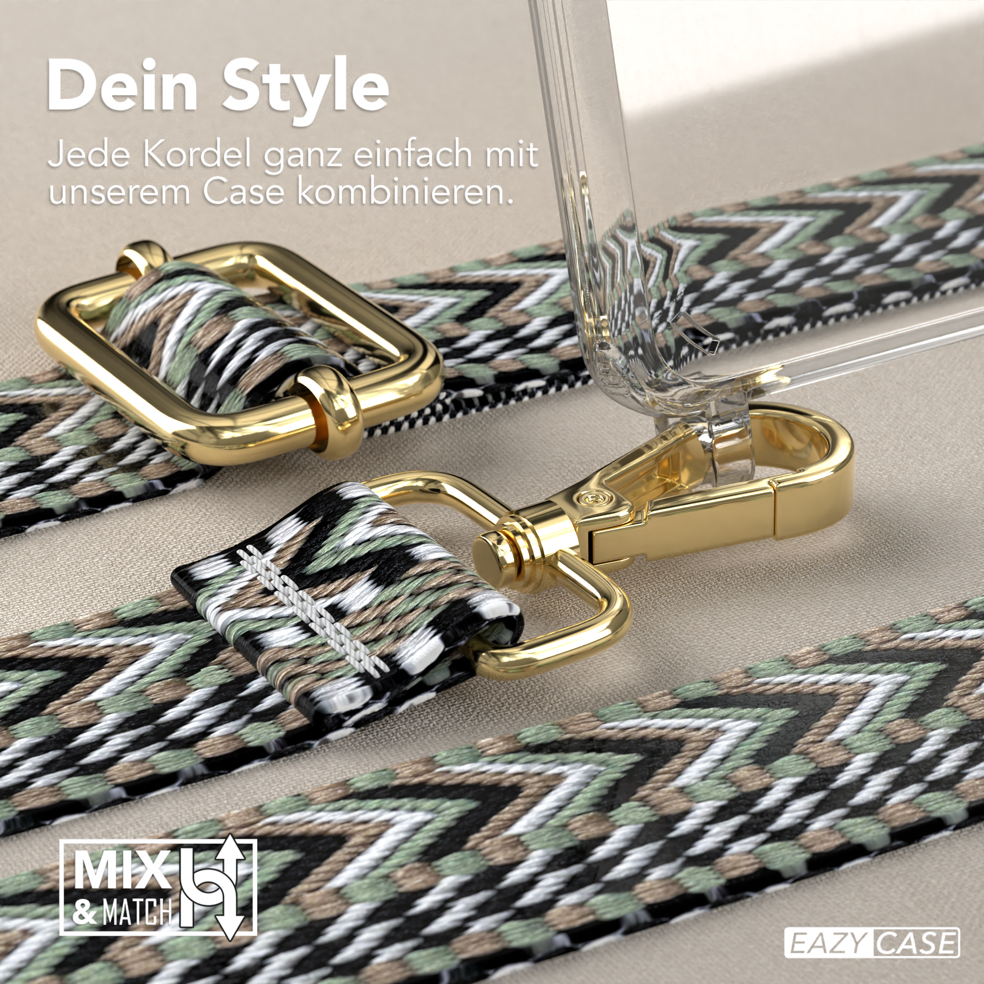 Nahaufnahme eines Riemens mit Metallschnallen und einer durchsichtigen Handyhülle. Der Riemen hat ein grünes Muster.