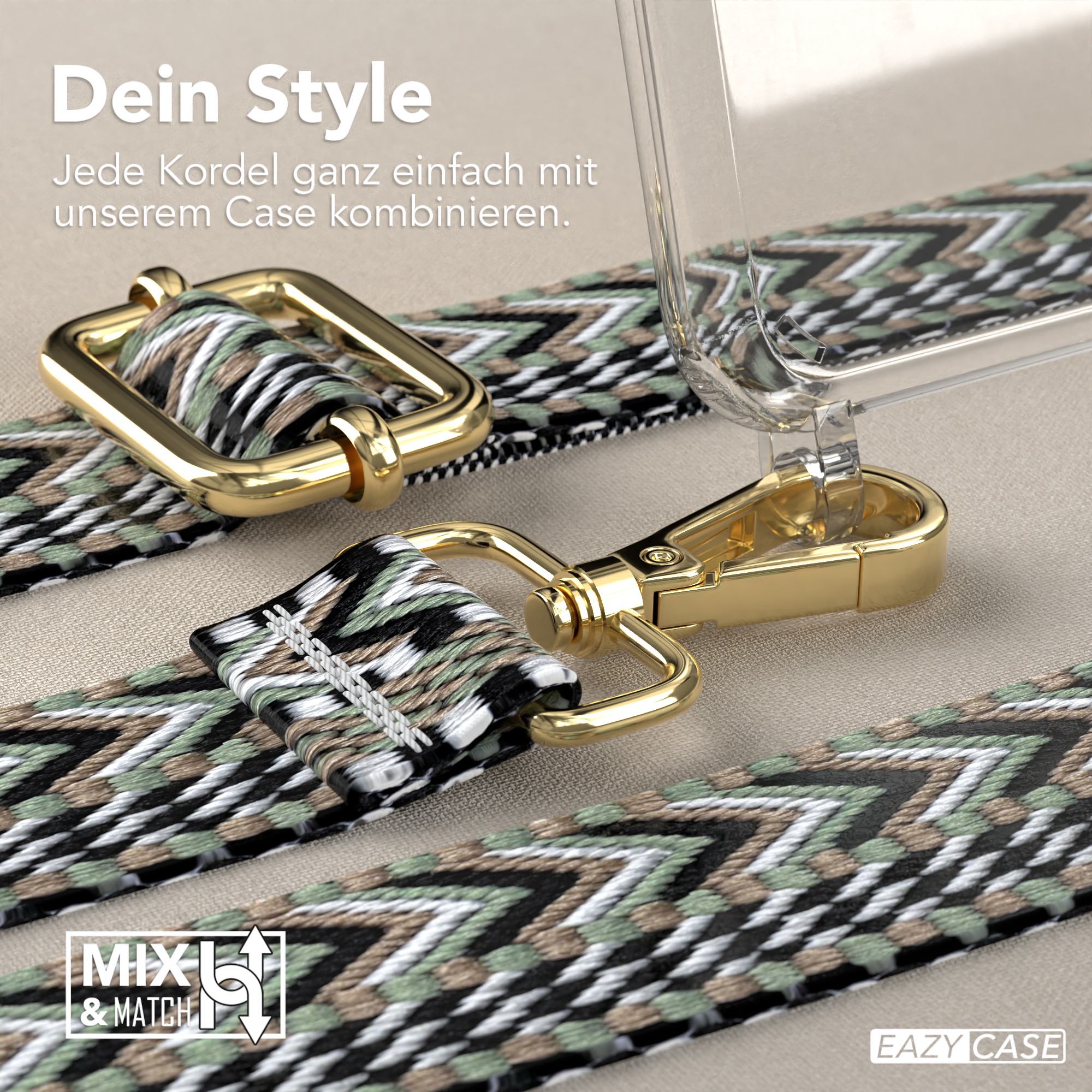 Nahaufnahme eines Handyhüllenriemens mit Metallverschluss und gemustertem Stoff.