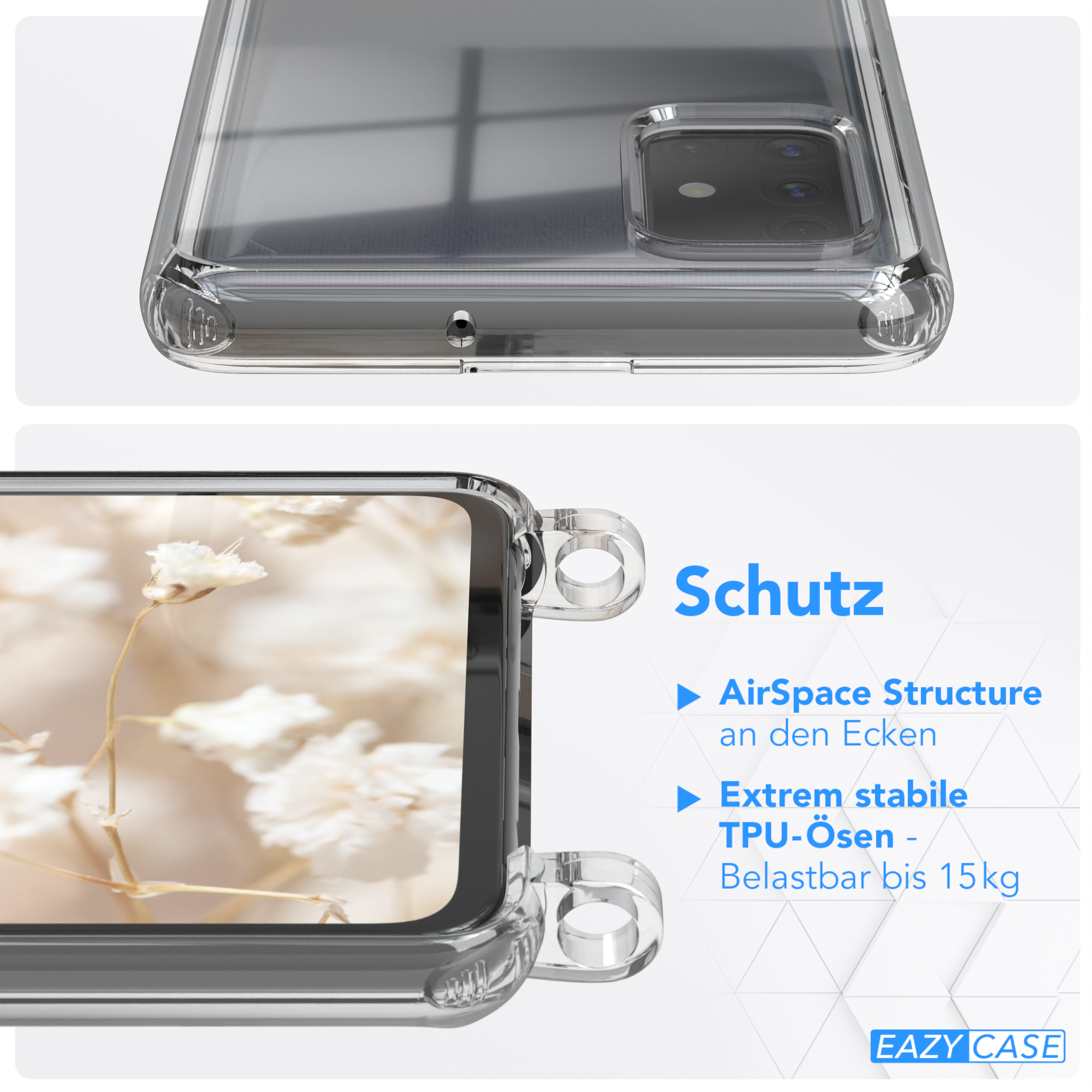 Eine transparente Handyhülle mit einem Handy darin. Nahaufnahme zeigt Eckenschutz und TPU-Haltbarkeitsdetails.