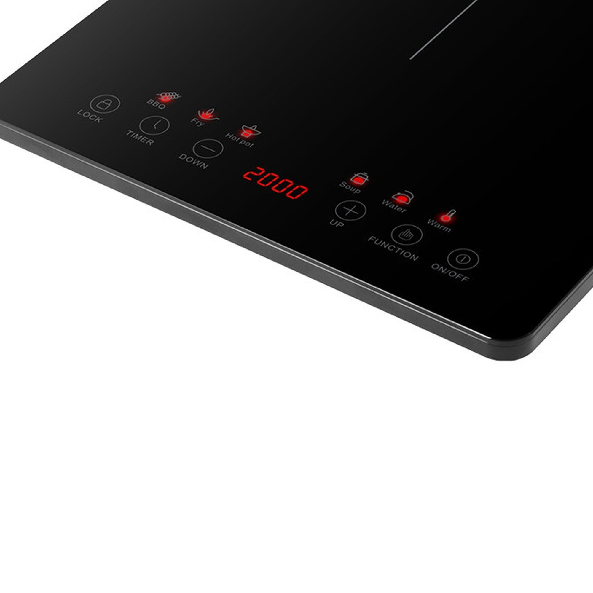 Piano cottura a induzione nero con display rosso e icone multifunzione.