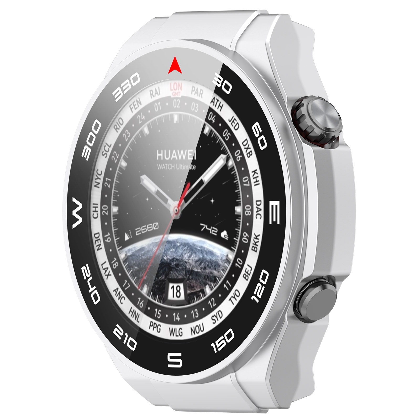 Smartwatch blanca y plateada con pantalla negra, mostrando la hora y ciudades del mundo.