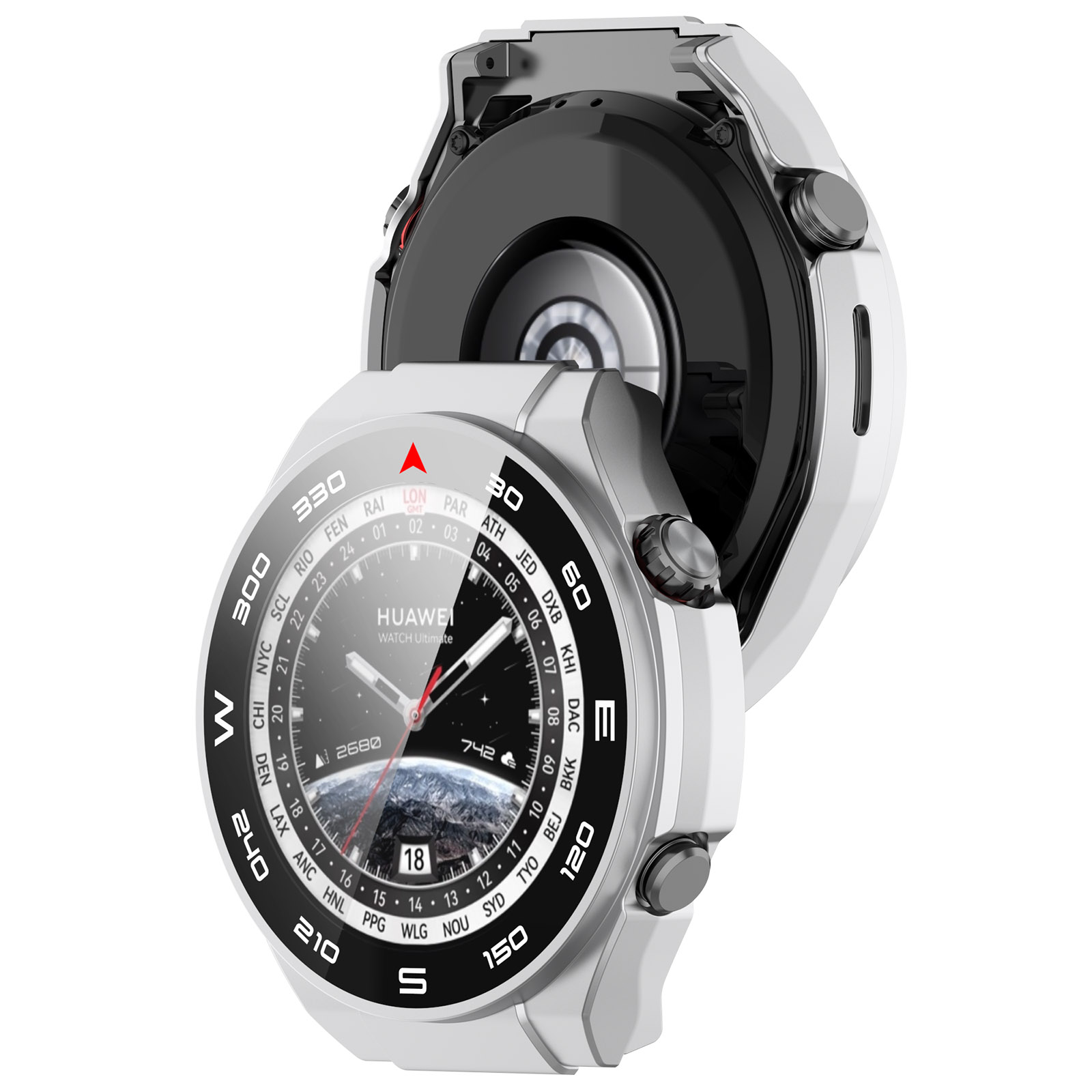 Reloj inteligente blanco con la parte trasera abierta. Muestra el interior.