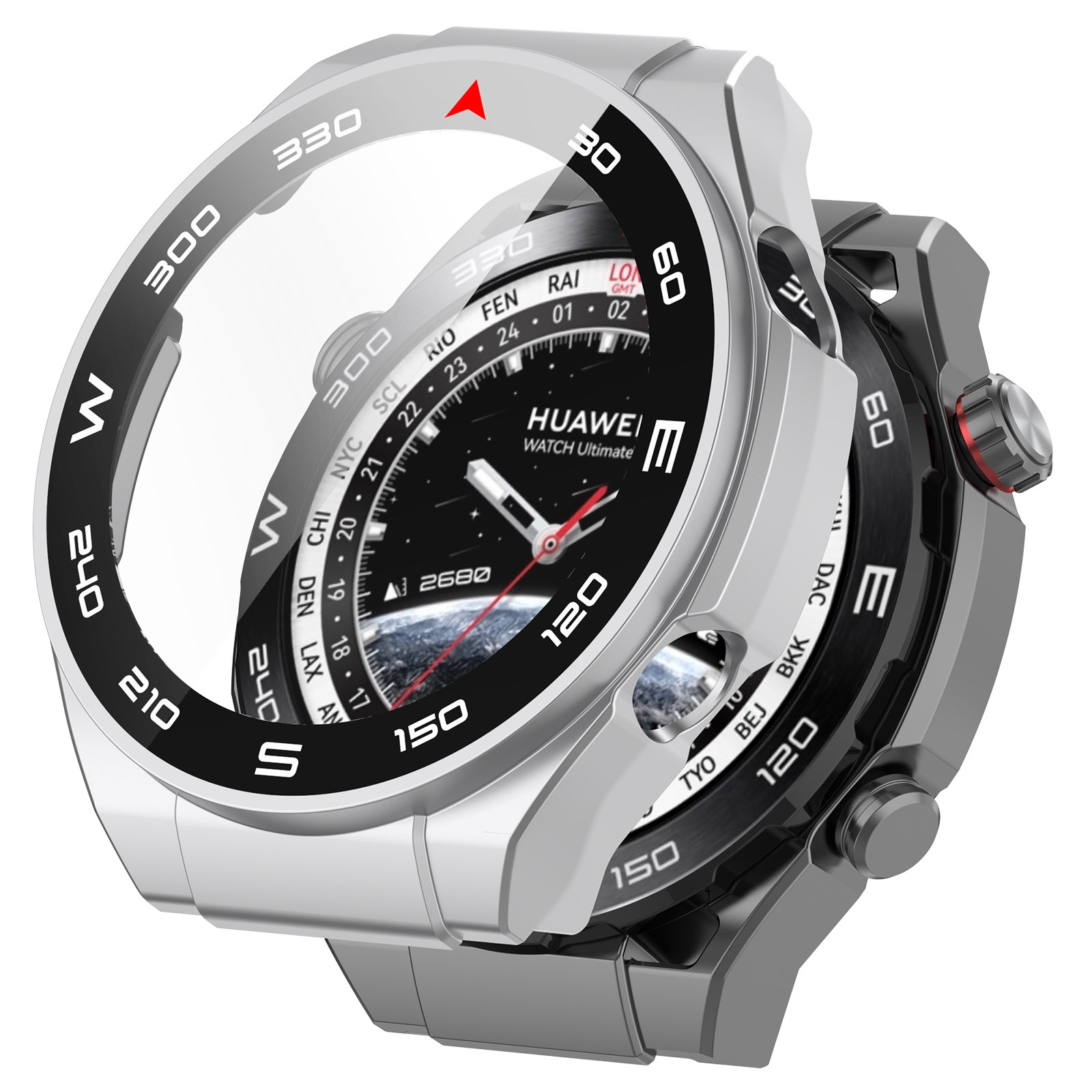 Un reloj inteligente plateado y negro con esfera redonda que muestra la hora e información mundial. La correa es plateada.
