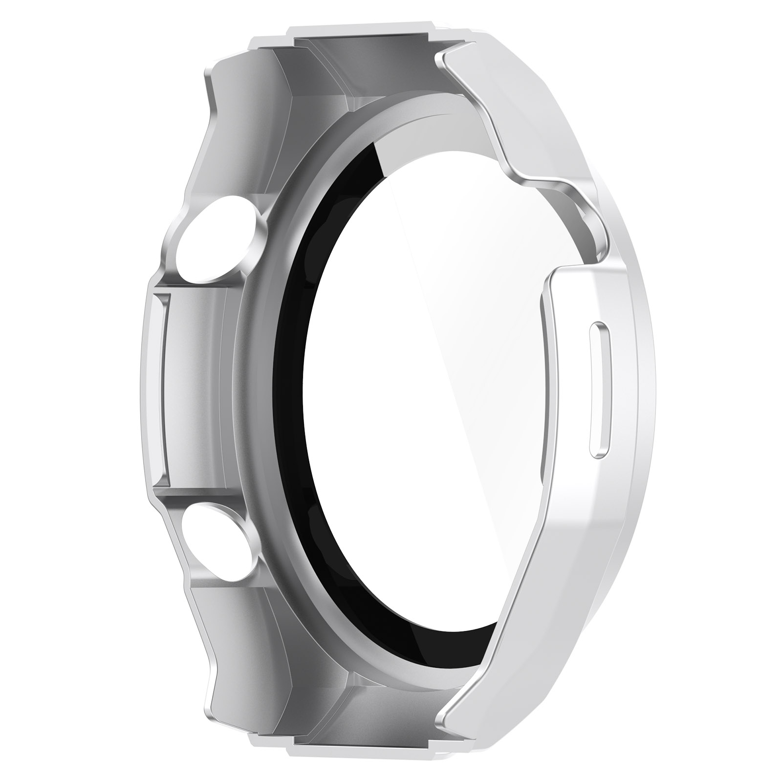 Una funda plateada para un reloj inteligente con dos botones y un protector de pantalla transparente.