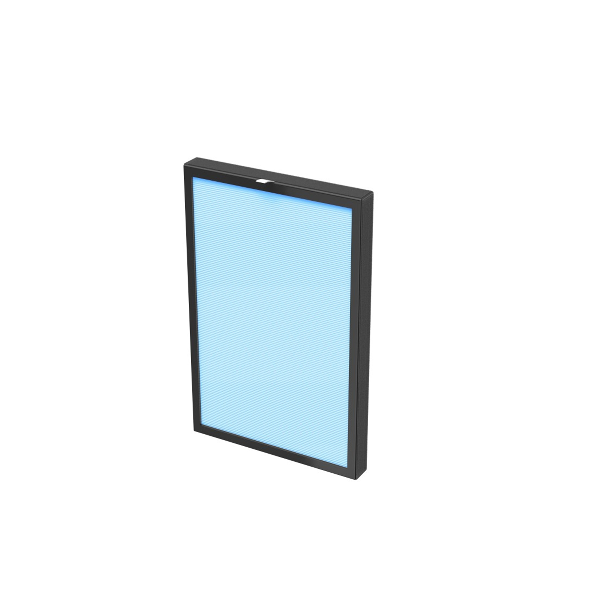 Schwarzer Luftfilter mit blauem Filter im Inneren, aus einem Winkel gezeigt. Weißer Hintergrund.