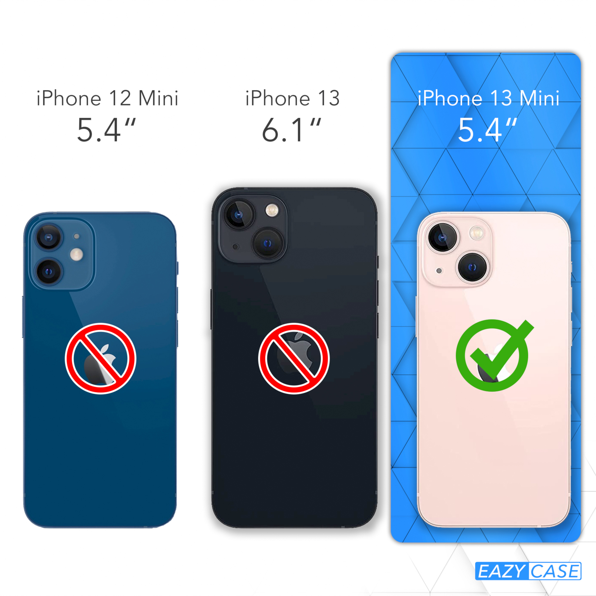 Drei Telefone: iPhone 12 mini, iPhone 13 und iPhone 13 mini. Nur das 13 mini ist kompatibel.