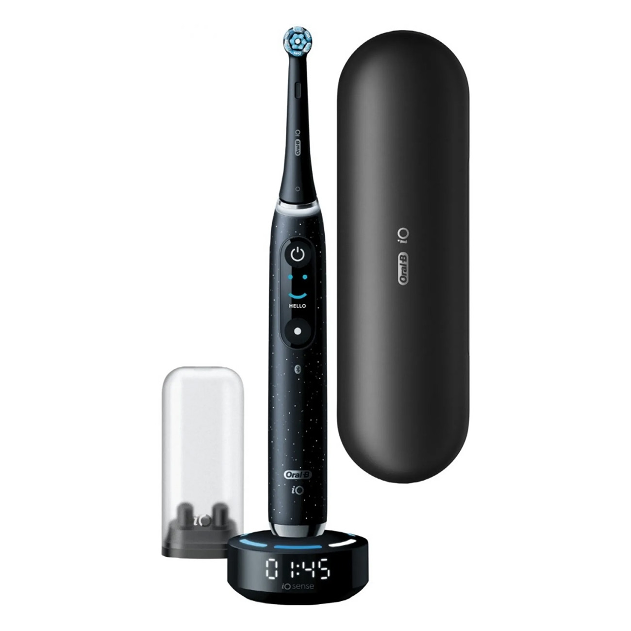 Czarna elektryczna szczoteczka do zębów z podstawą ładującą i etui podróżnym, na białym tle.