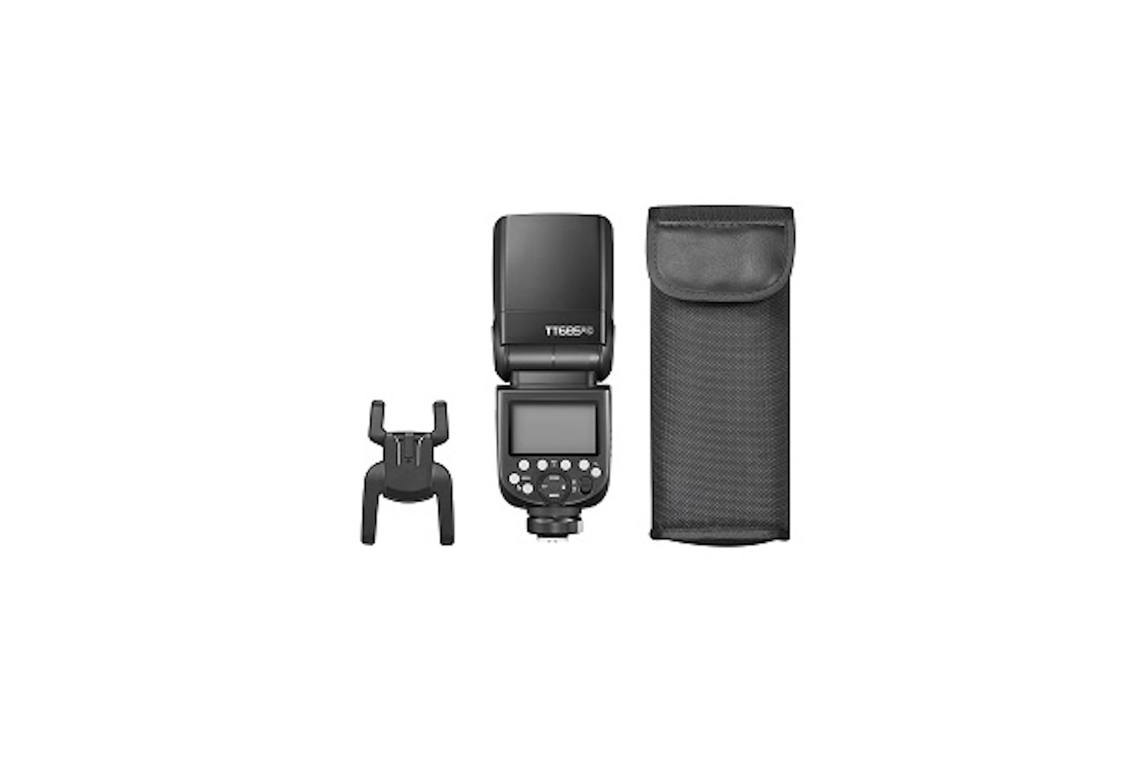 Czarna lampa błyskowa, mocowanie do buta i czarny futerał na białej powierzchni.