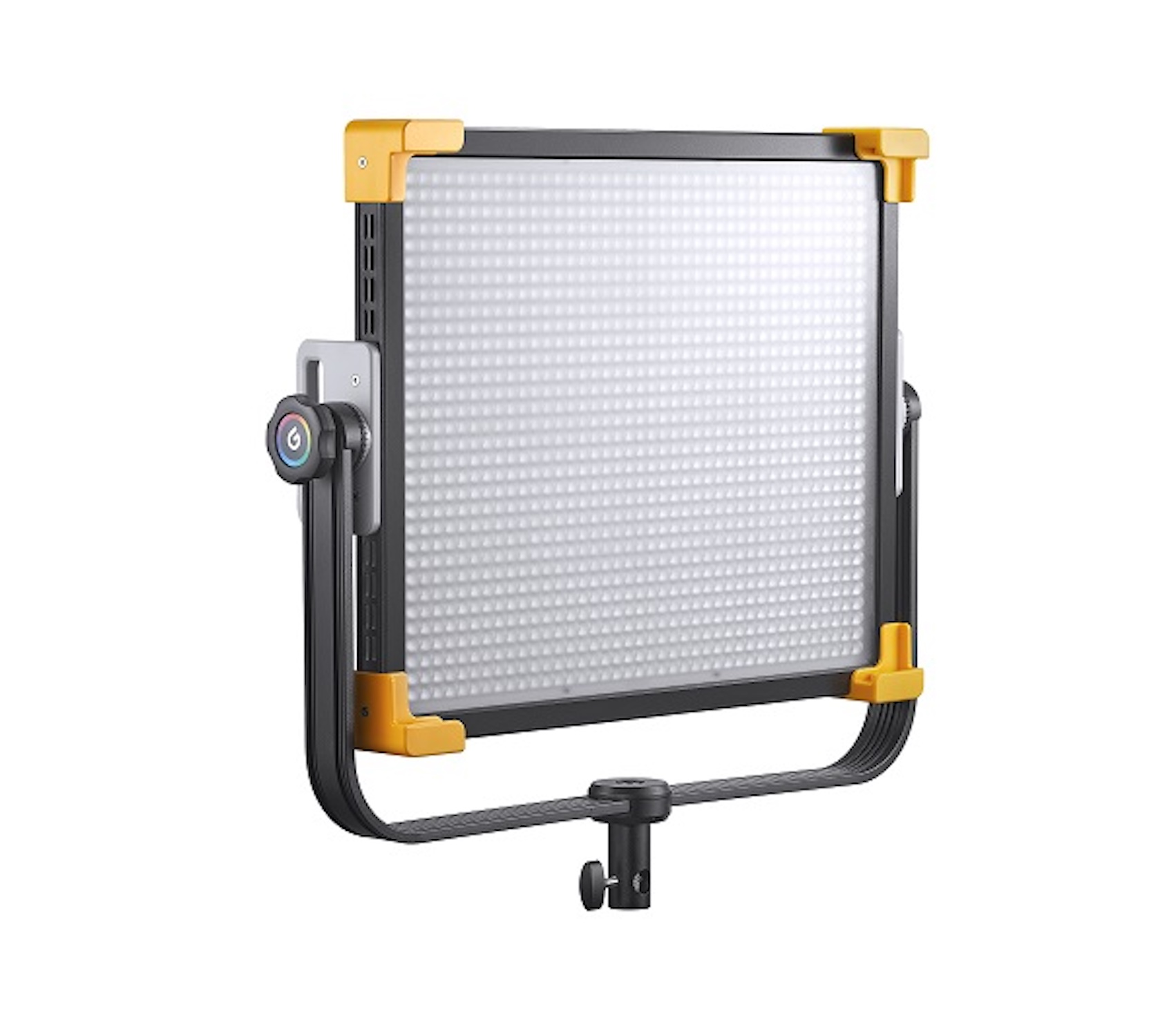Lumière de studio, forme carrée avec une grille de LED. Elle a des protections d'angle jaunes et une poignée noire.
