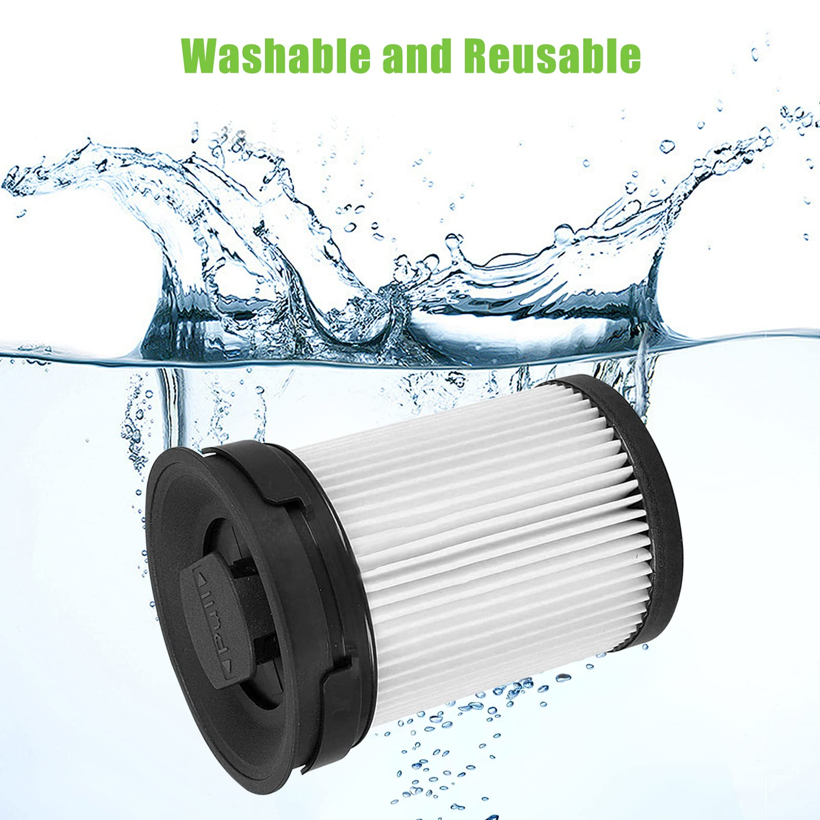 Biało-czarny filtr zanurzony w wodzie. Woda rozpryskuje się wokół filtra. Tekst mówi: Można prać i wielokrotnego użytku.