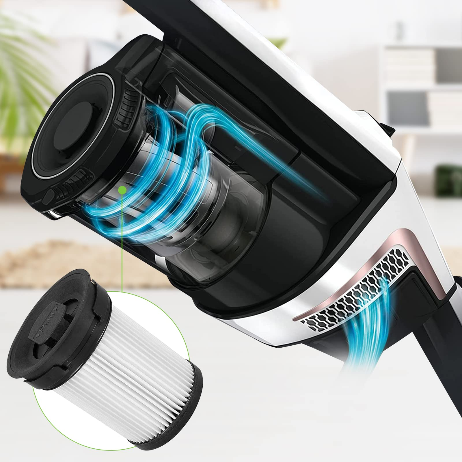 Zbliżenie odkurzacza, z wyjętym filtrem. Przepływ powietrza pokazany niebieskimi liniami. Biały i czarny.