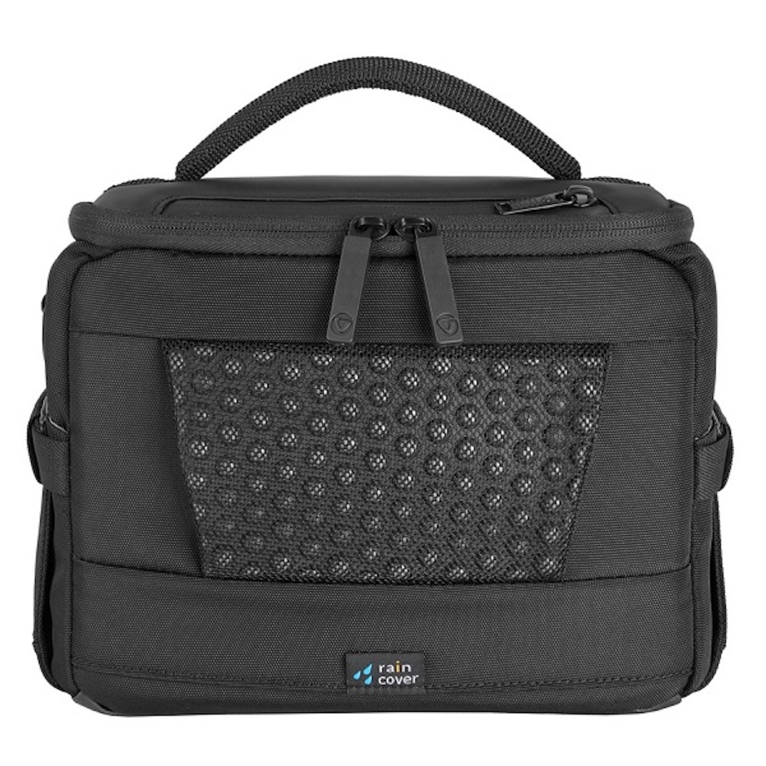 Eine schwarze Kameratasche mit Griff, Netztasche und dem Text 'Regenschutz' unten.